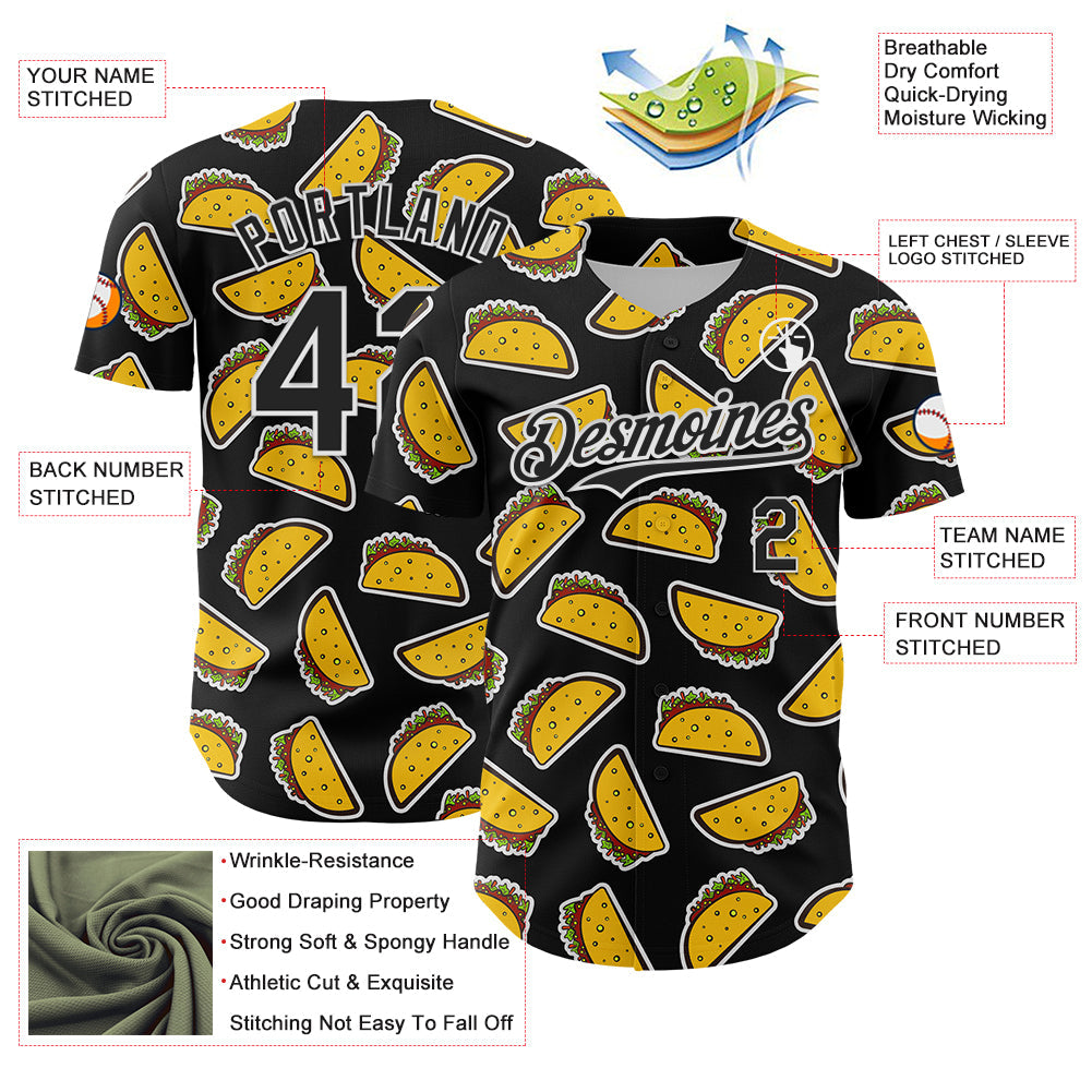 Custom Black White 3D Mexican Festival Taco Cinco de Mayo Authentic Baseball Jersey baseball jersey product view 3