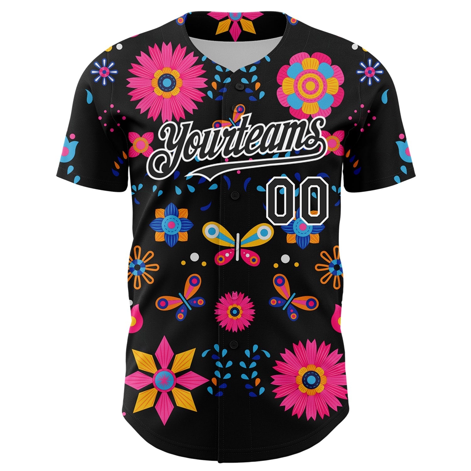 Custom Black White 3D Mexican Festival Flower Cinco de Mayo Authentic Baseball Jersey baseball jersey product view 2