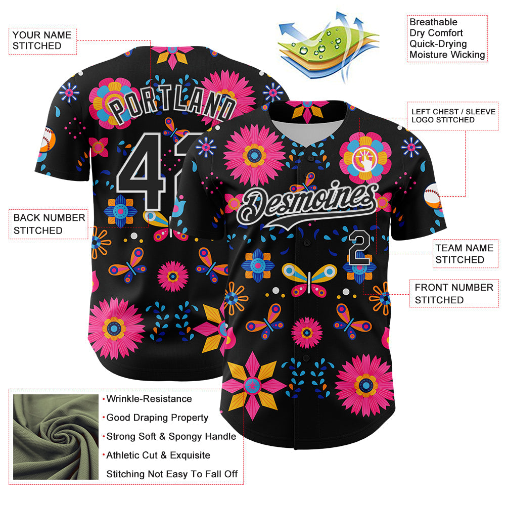 Custom Black White 3D Mexican Festival Flower Cinco de Mayo Authentic Baseball Jersey baseball jersey product view 3
