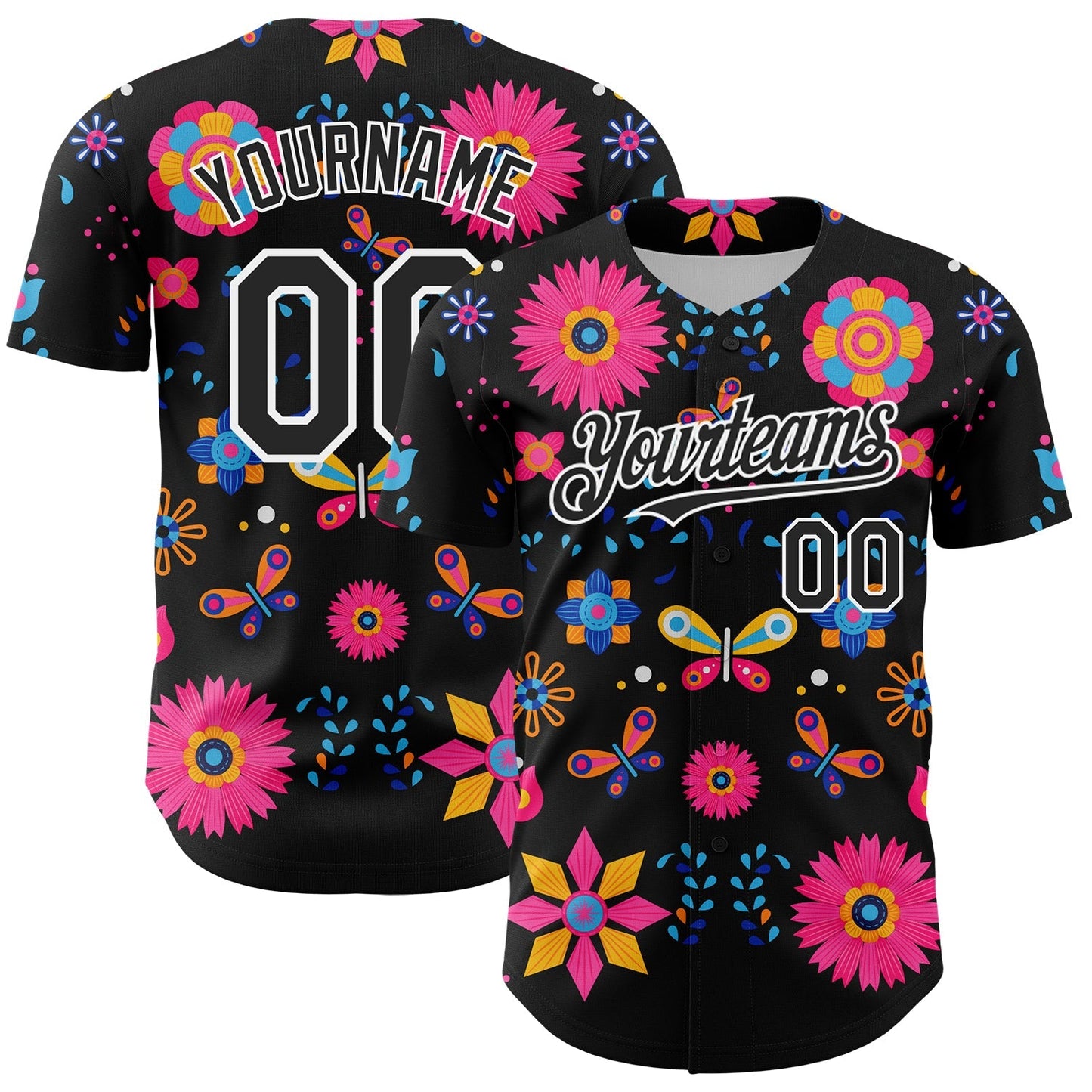 Custom Black White 3D Mexican Festival Flower Cinco de Mayo Authentic Baseball Jersey baseball jersey product view 1