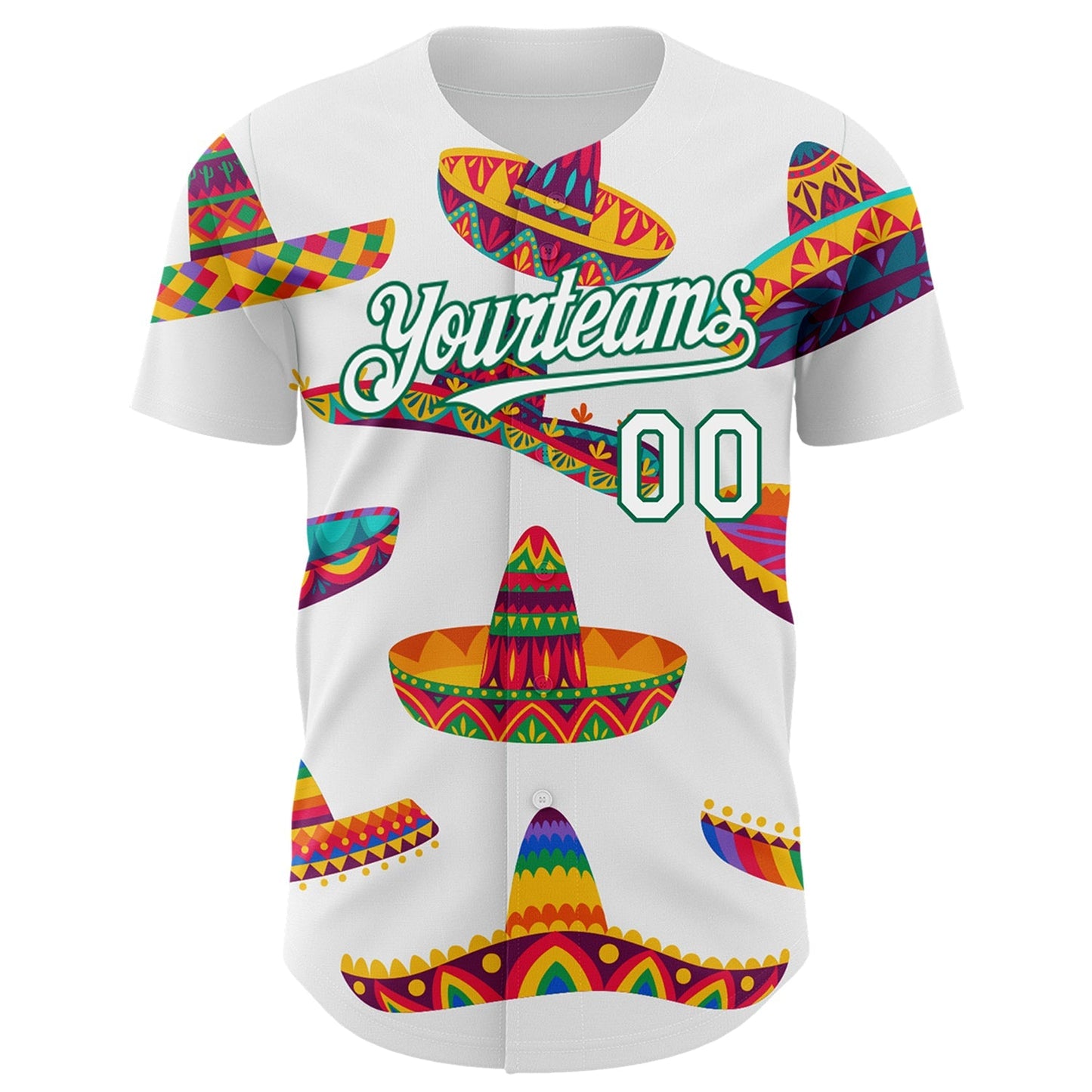 Custom White Kelly Green 3D Mexican Festival Sombrero Cinco de Mayo Authentic Baseball Jersey baseball jersey product view 2