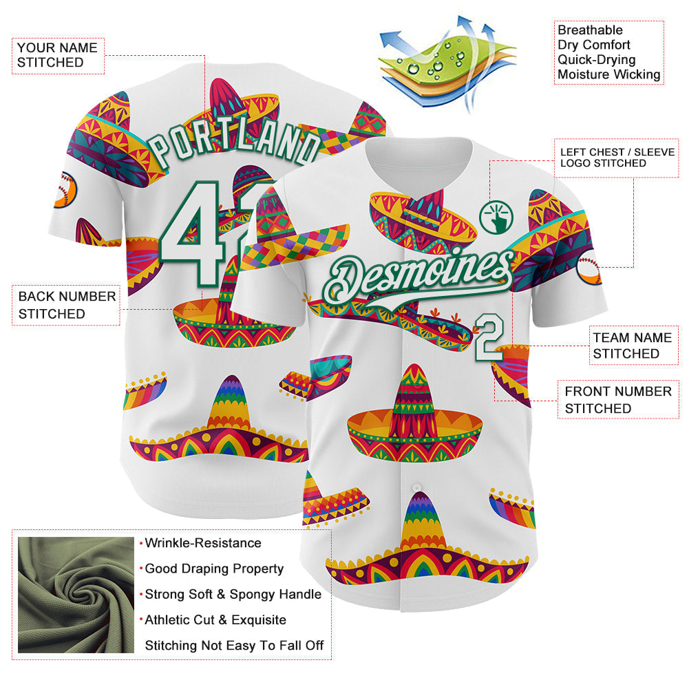 Custom White Kelly Green 3D Mexican Festival Sombrero Cinco de Mayo Authentic Baseball Jersey baseball jersey product view 3
