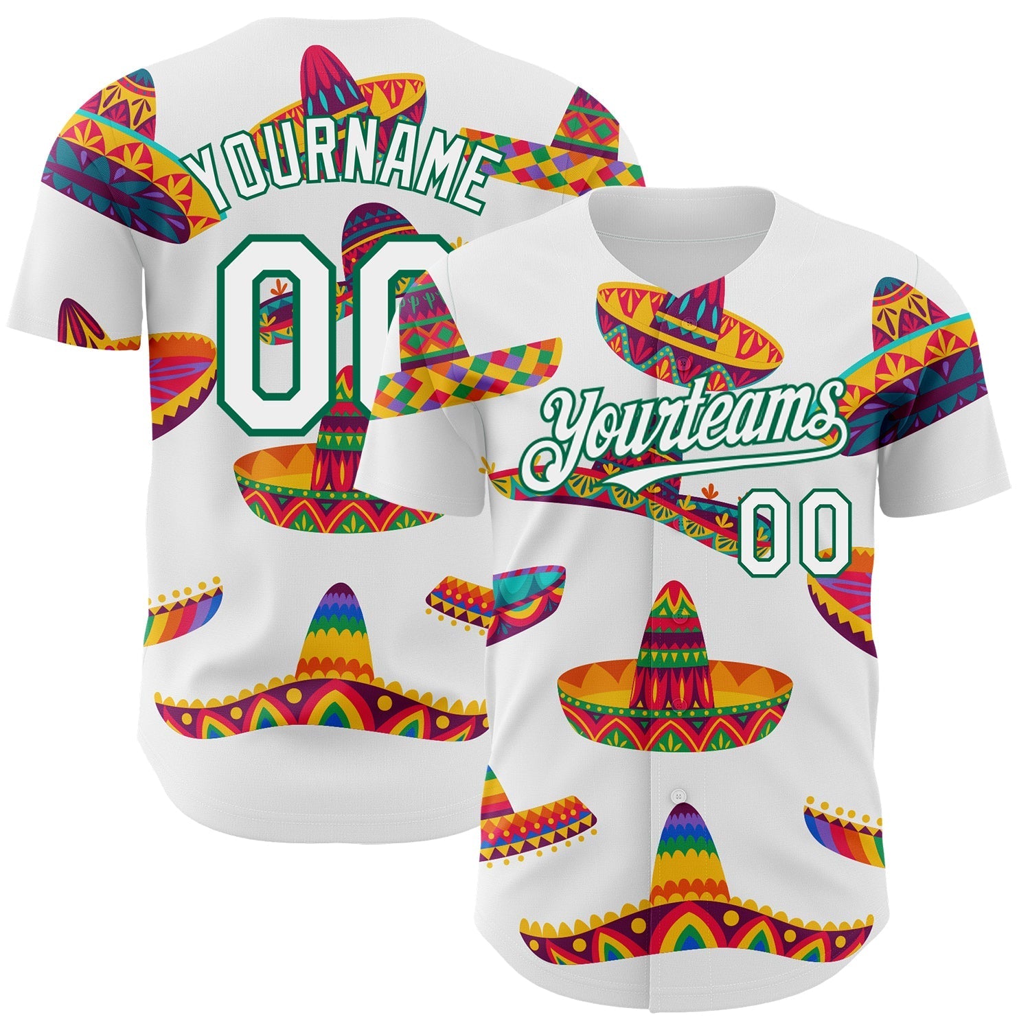Custom White Kelly Green 3D Mexican Festival Sombrero Cinco de Mayo Authentic Baseball Jersey baseball jersey product view 1