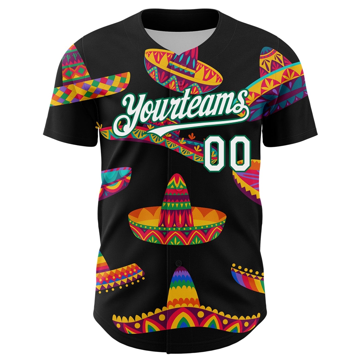 Custom Black White-Kelly Green 3D Mexican Festival Sombrero Cinco de Mayo Authentic Baseball Jersey baseball jersey product view 2