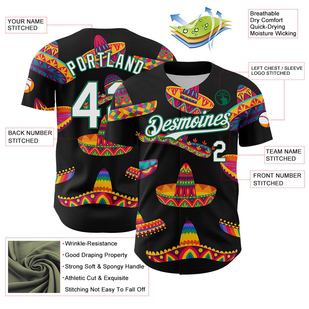 Custom Black White-Kelly Green 3D Mexican Festival Sombrero Cinco de Mayo Authentic Baseball Jersey baseball jersey product view 3