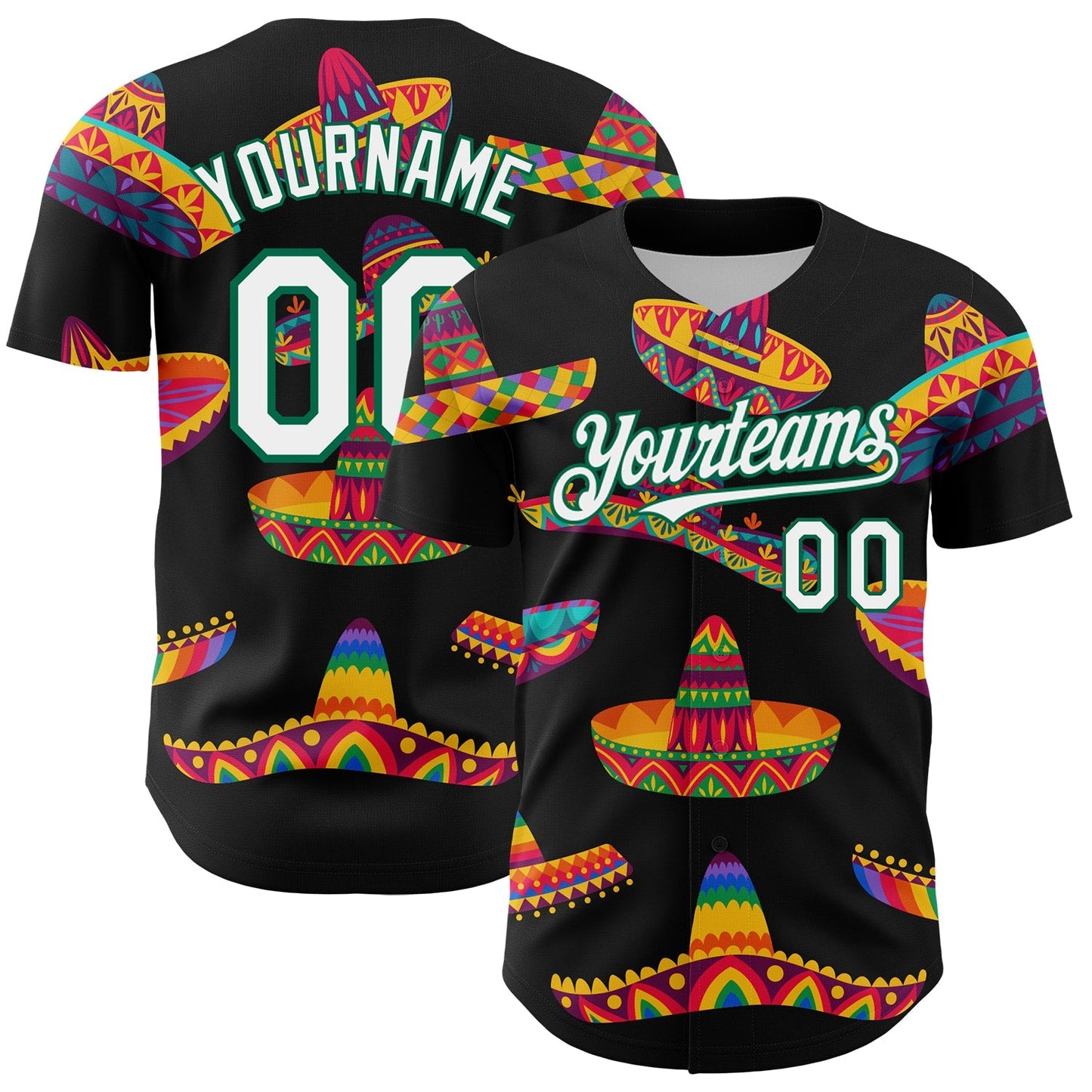 Custom Black White-Kelly Green 3D Mexican Festival Sombrero Cinco de Mayo Authentic Baseball Jersey baseball jersey product view 1