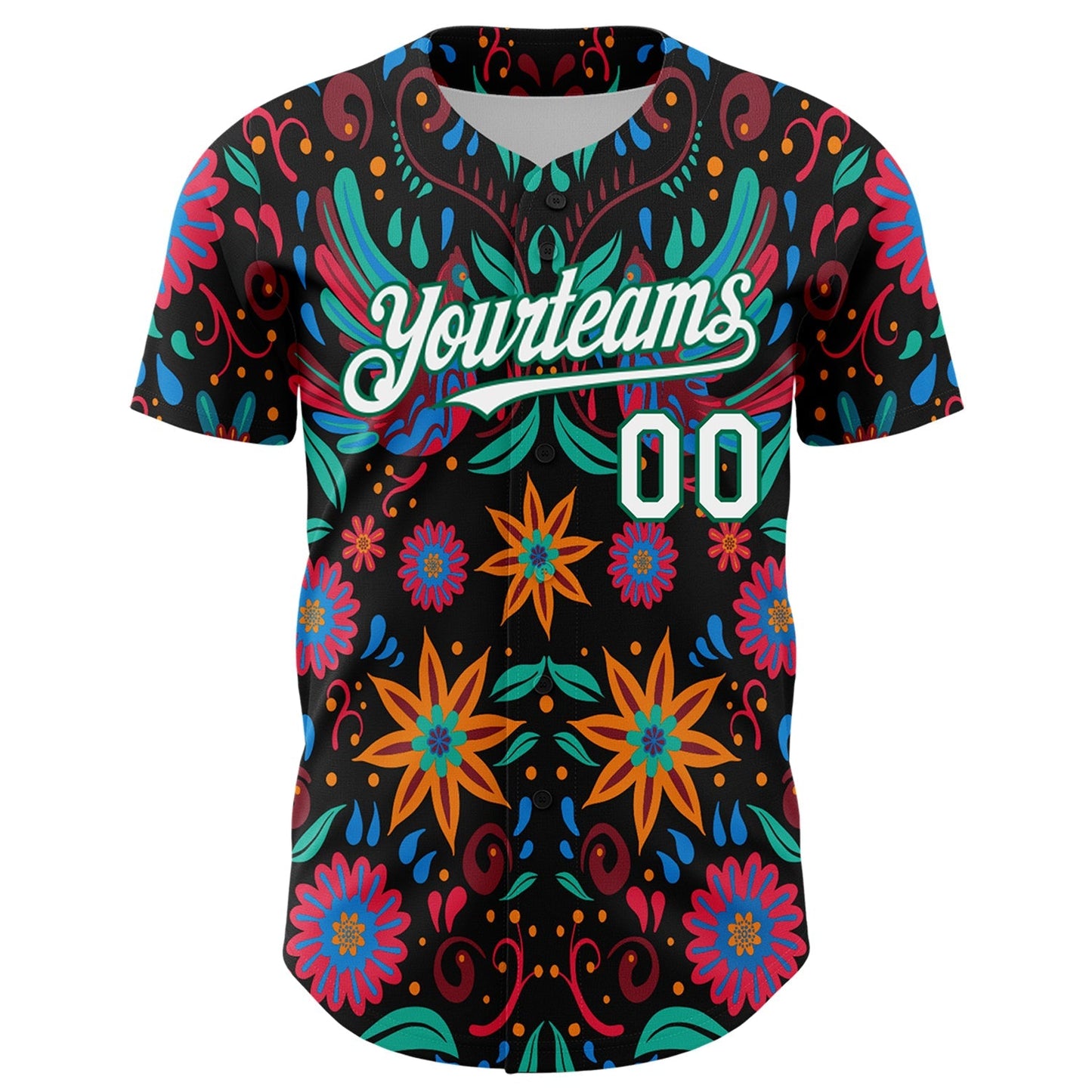 Custom Black White-Kelly Green 3D Mexican Festival Flower Cinco de Mayo Authentic Baseball Jersey baseball jersey product view 2