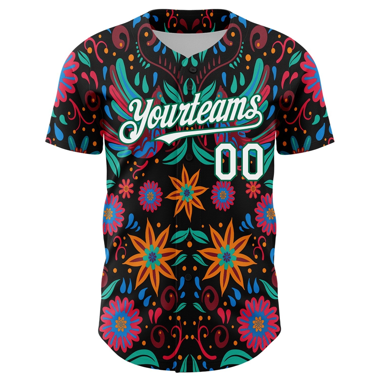Custom Black White-Kelly Green 3D Mexican Festival Flower Cinco de Mayo Authentic Baseball Jersey baseball jersey product view 2