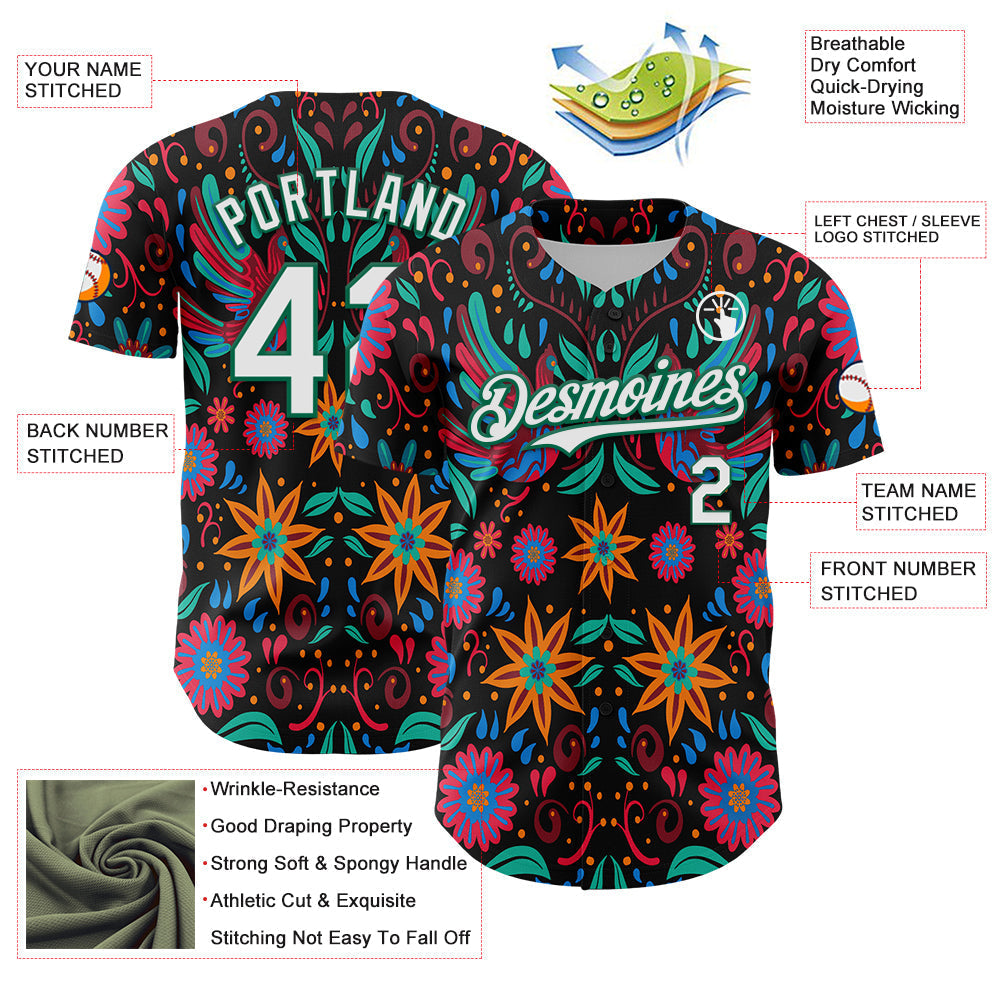 Custom Black White-Kelly Green 3D Mexican Festival Flower Cinco de Mayo Authentic Baseball Jersey baseball jersey product view 3