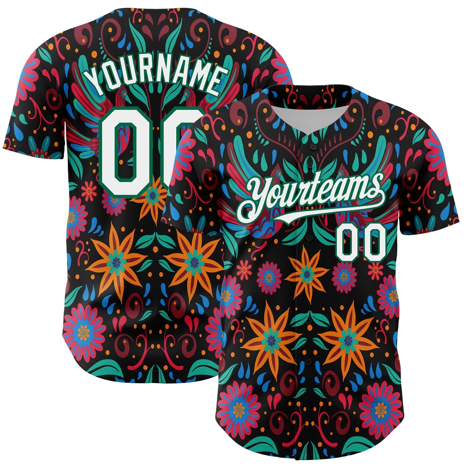 Custom Black White-Kelly Green 3D Mexican Festival Flower Cinco de Mayo Authentic Baseball Jersey baseball jersey product view 1