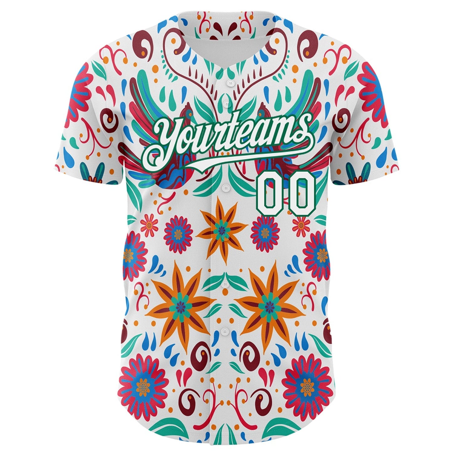 Custom White Kelly Green 3D Mexican Festival Flower Cinco de Mayo Authentic Baseball Jersey baseball jersey product view 2