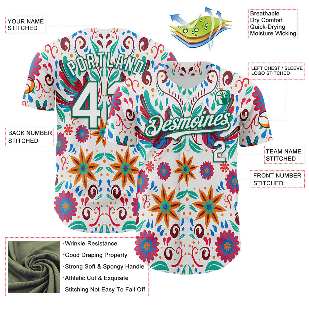 Custom White Kelly Green 3D Mexican Festival Flower Cinco de Mayo Authentic Baseball Jersey baseball jersey product view 3