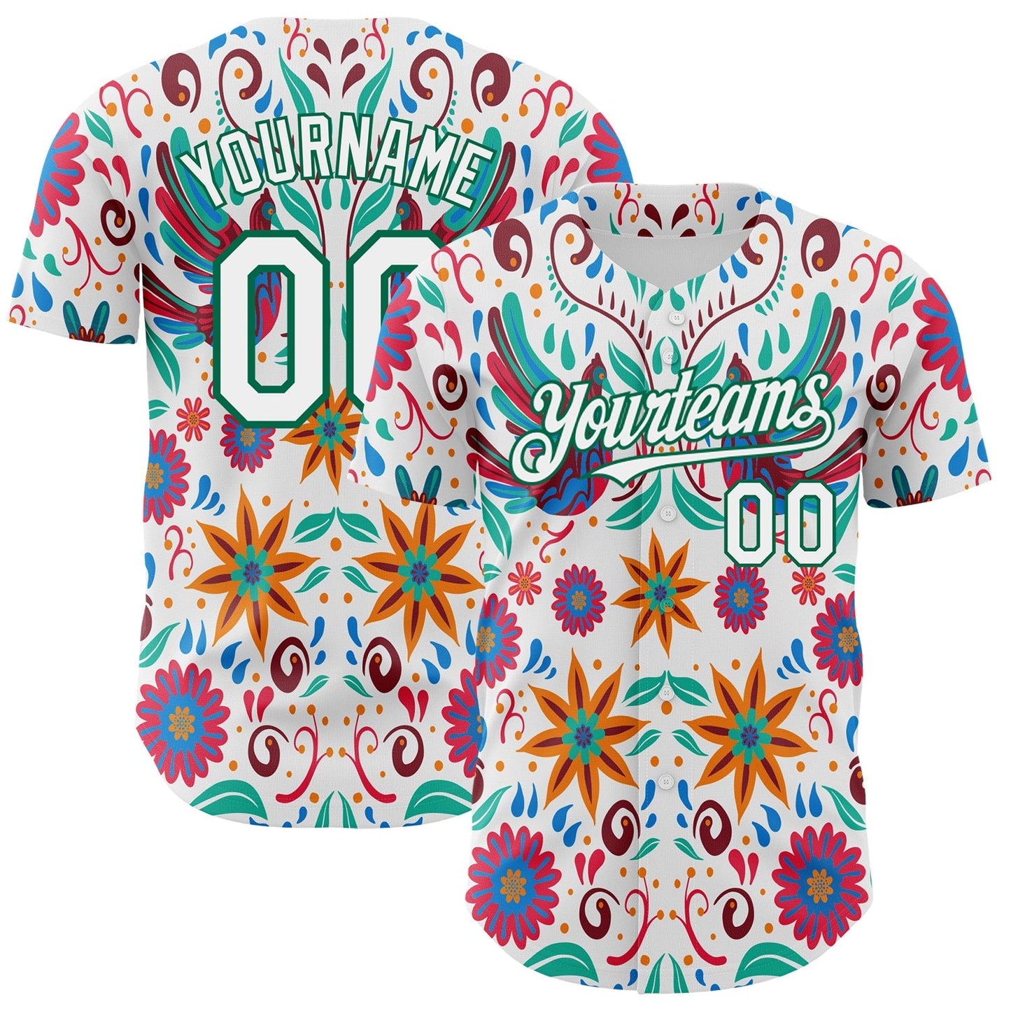 Custom White Kelly Green 3D Mexican Festival Flower Cinco de Mayo Authentic Baseball Jersey baseball jersey product view 1