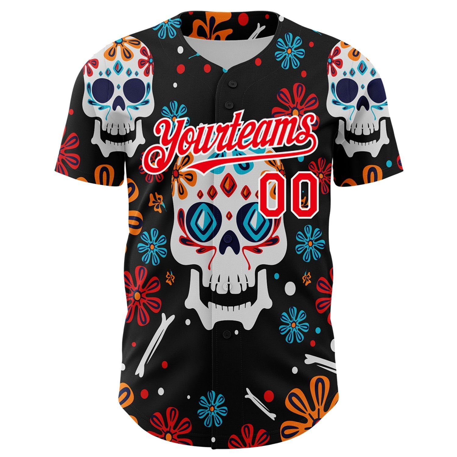 Custom Kelly Green Fire Red-White 3D Mexican Festival Flower And Skull Cinco de Mayo Authentic Baseball Jersey baseball jersey product view 2