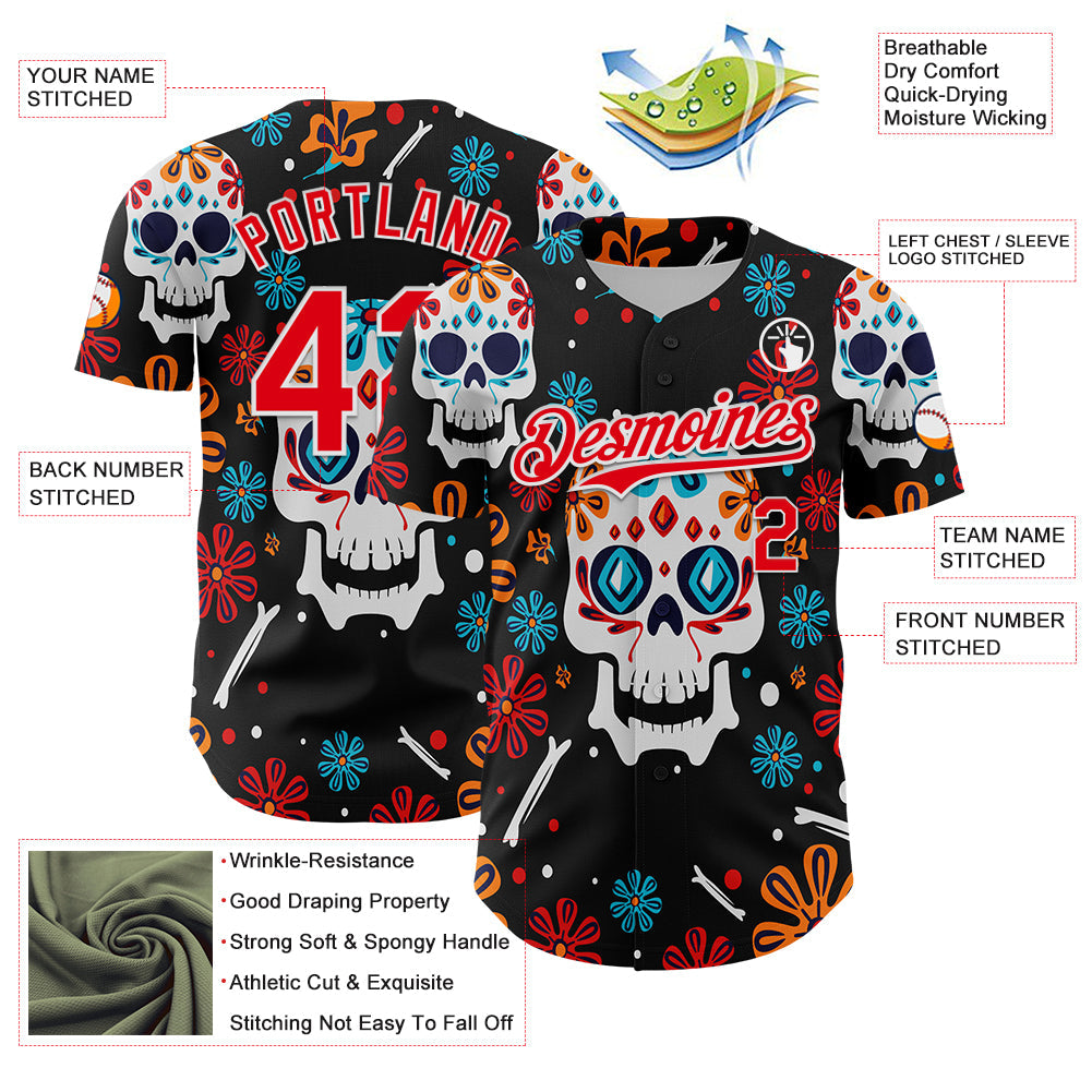 Custom Kelly Green Fire Red-White 3D Mexican Festival Flower And Skull Cinco de Mayo Authentic Baseball Jersey baseball jersey product view 3