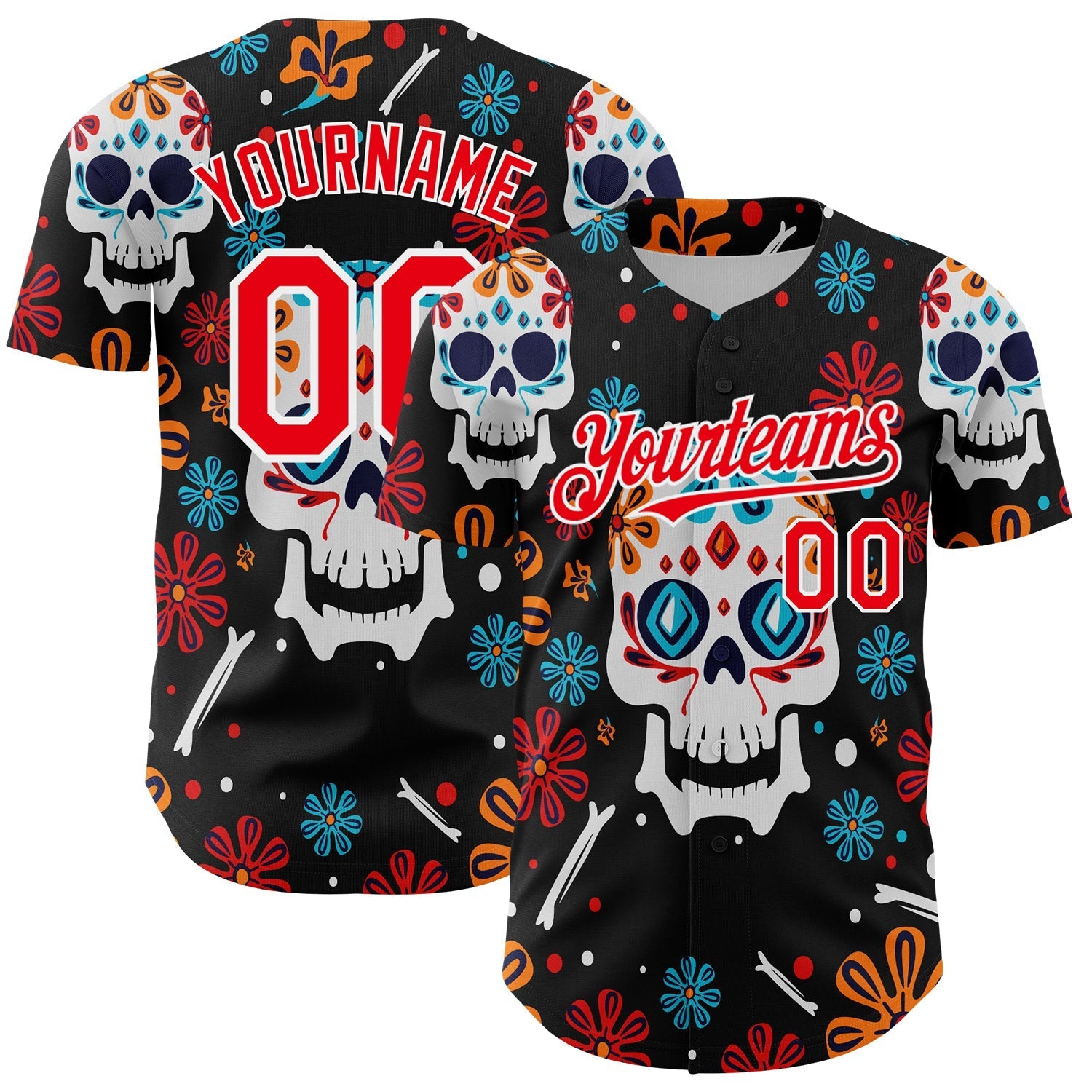 Custom Kelly Green Fire Red-White 3D Mexican Festival Flower And Skull Cinco de Mayo Authentic Baseball Jersey baseball jersey product view 1