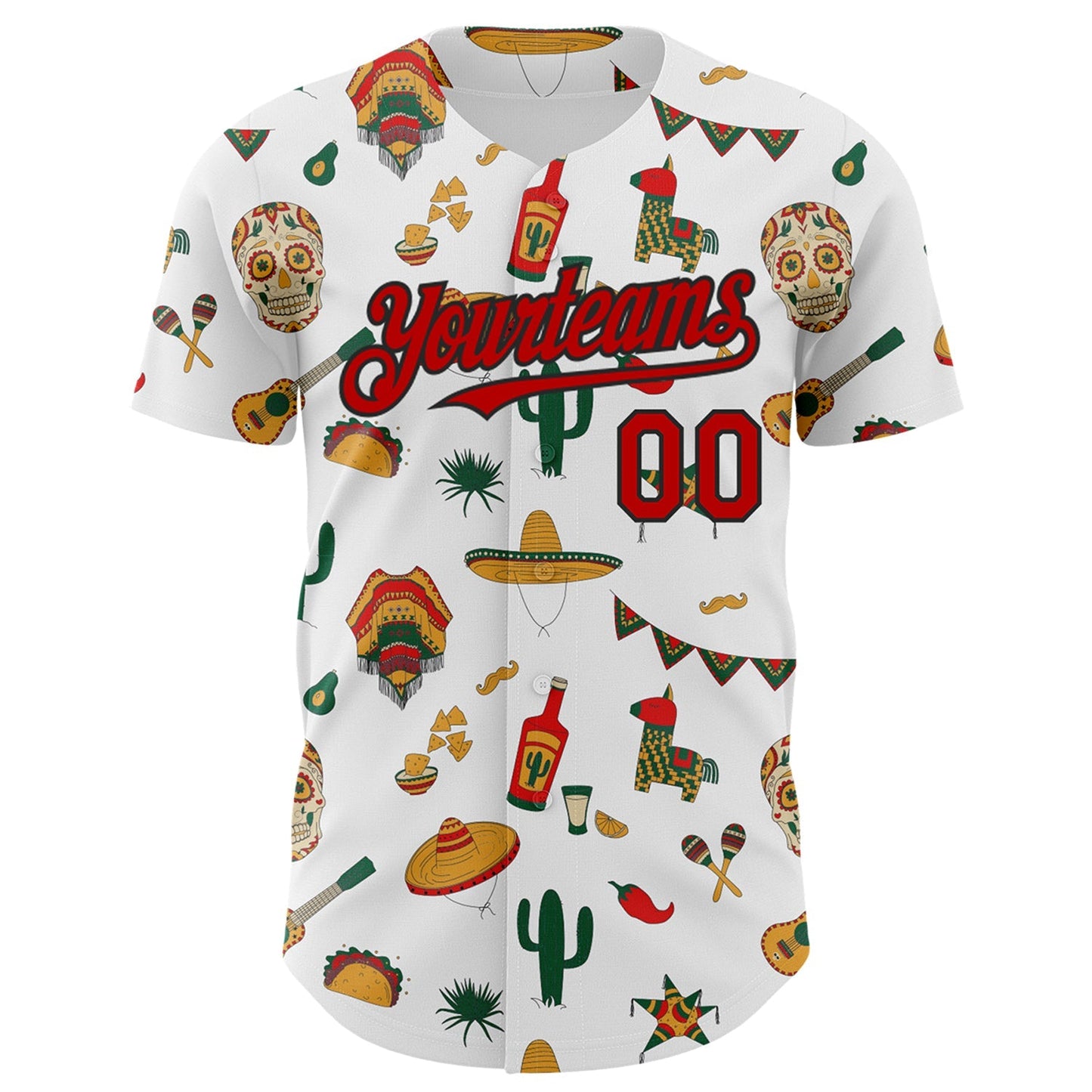 Custom White Red-Black 3D Mexican Festival Cactus Skull Sombrero Cinco de Mayo Authentic Baseball Jersey baseball jersey product view 2