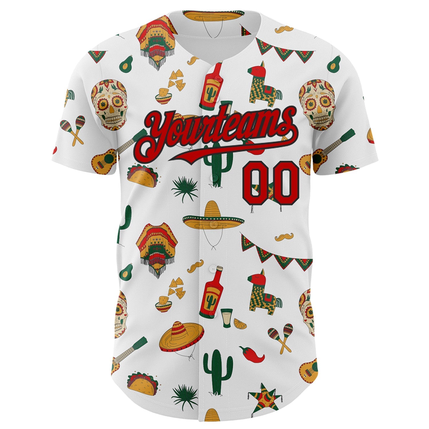 Custom White Red-Black 3D Mexican Festival Cactus Skull Sombrero Cinco de Mayo Authentic Baseball Jersey baseball jersey product view 2