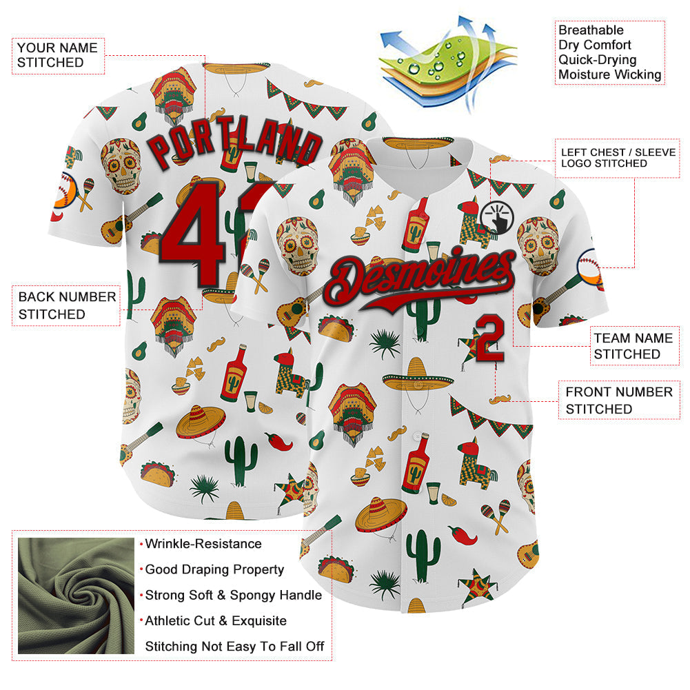 Custom White Red-Black 3D Mexican Festival Cactus Skull Sombrero Cinco de Mayo Authentic Baseball Jersey baseball jersey product view 3