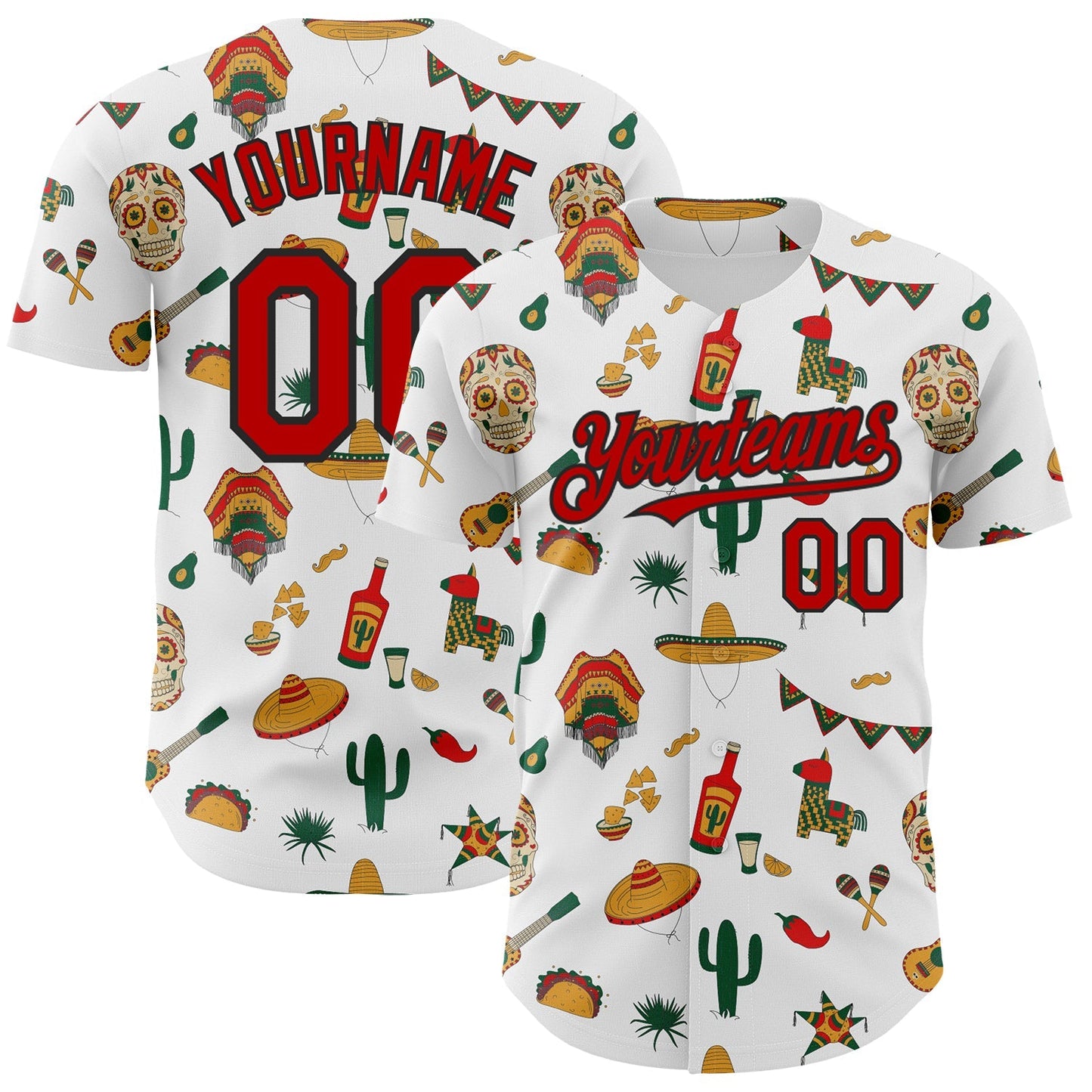 Custom White Red-Black 3D Mexican Festival Cactus Skull Sombrero Cinco de Mayo Authentic Baseball Jersey baseball jersey product view 1