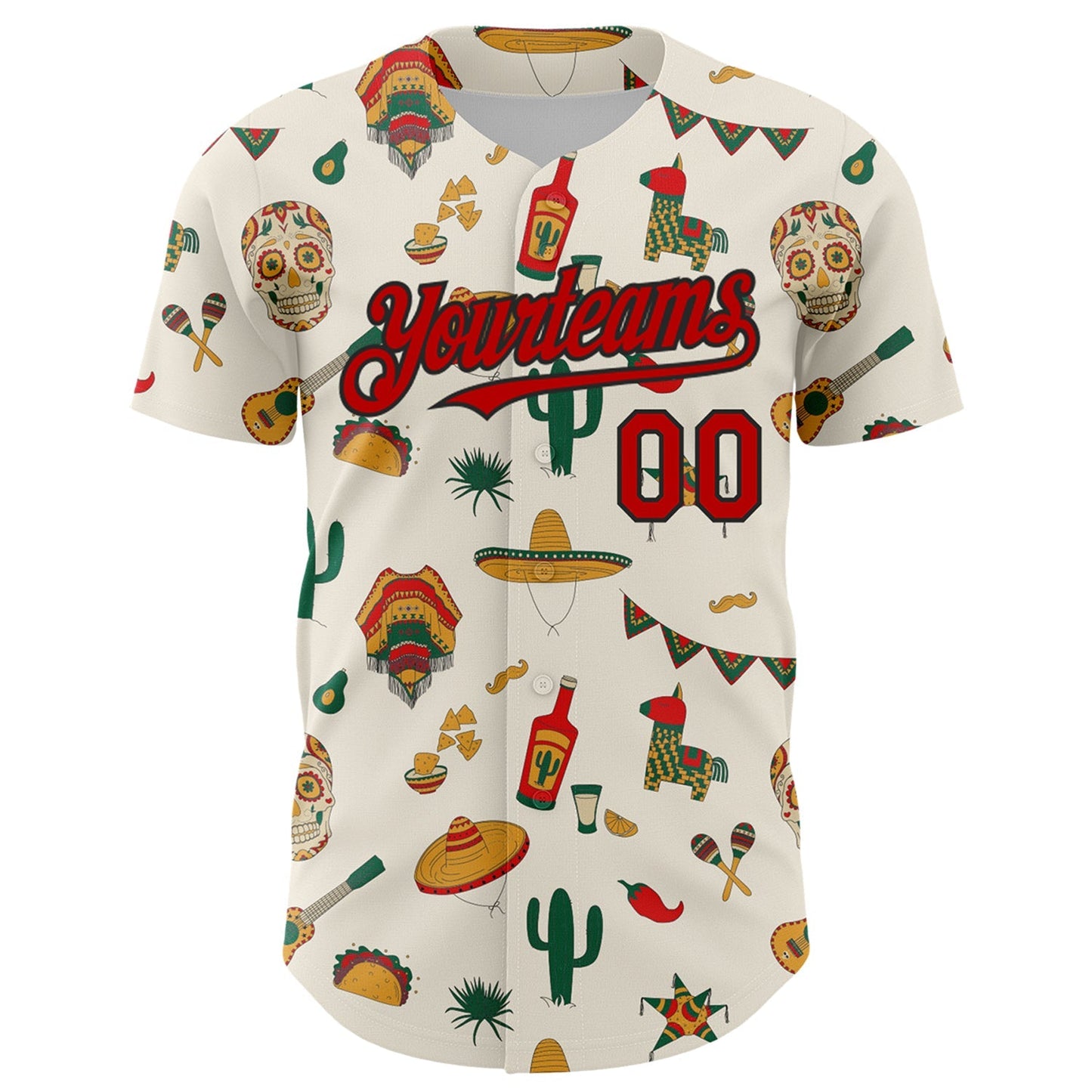 Custom Cream Red-Black 3D Mexican Festival Cactus Skull Sombrero Cinco de Mayo Authentic Baseball Jersey baseball jersey product view 2