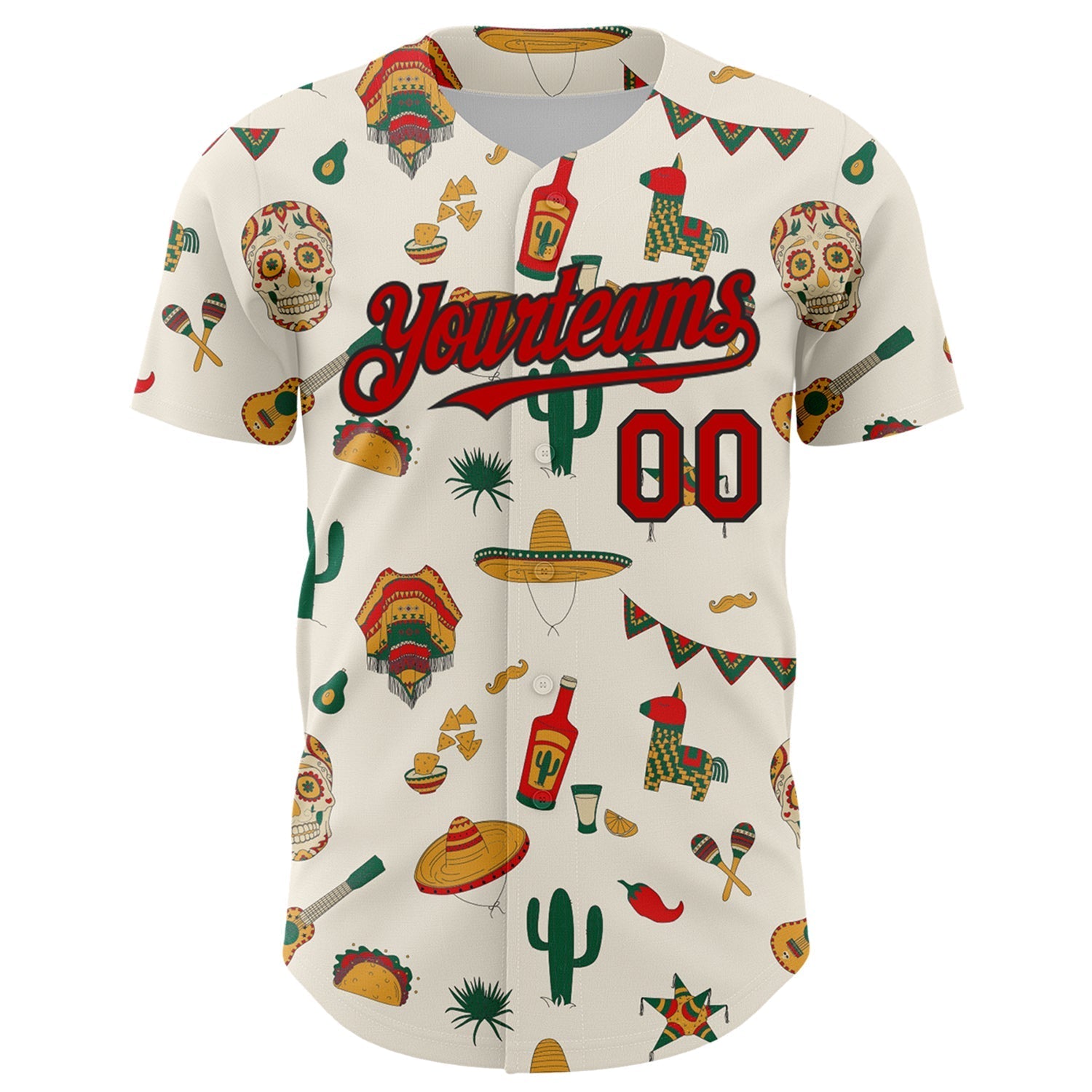 Custom Cream Red-Black 3D Mexican Festival Cactus Skull Sombrero Cinco de Mayo Authentic Baseball Jersey baseball jersey product view 2