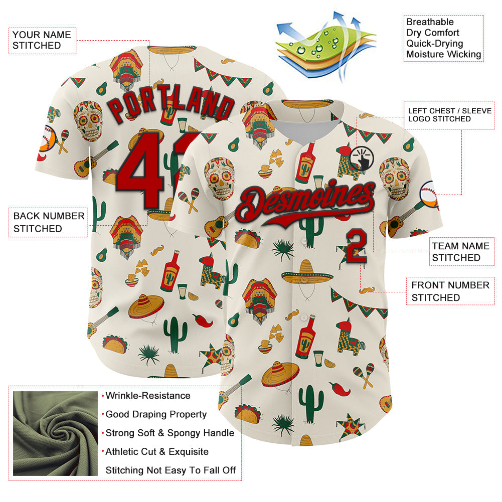 Custom Cream Red-Black 3D Mexican Festival Cactus Skull Sombrero Cinco de Mayo Authentic Baseball Jersey baseball jersey product view 3