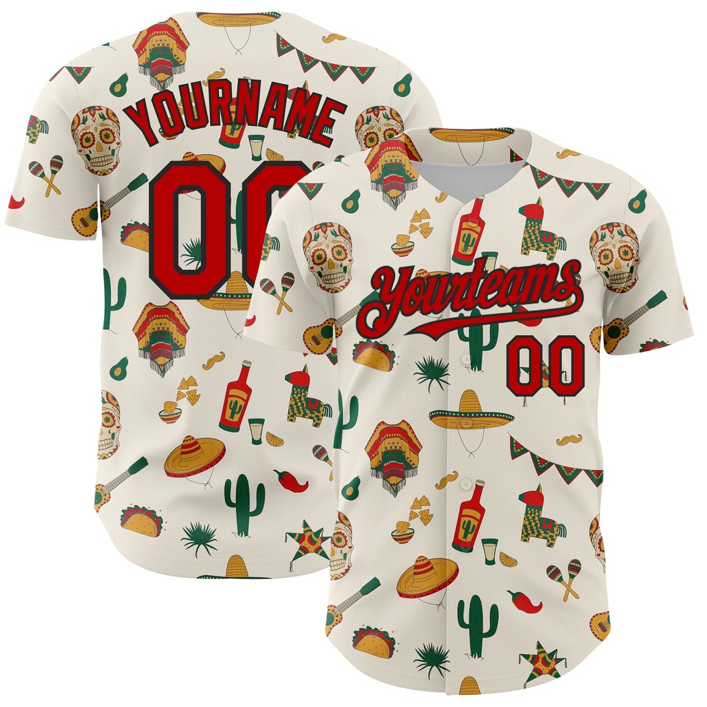 Custom Cream Red-Black 3D Mexican Festival Cactus Skull Sombrero Cinco de Mayo Authentic Baseball Jersey baseball jersey product view 1