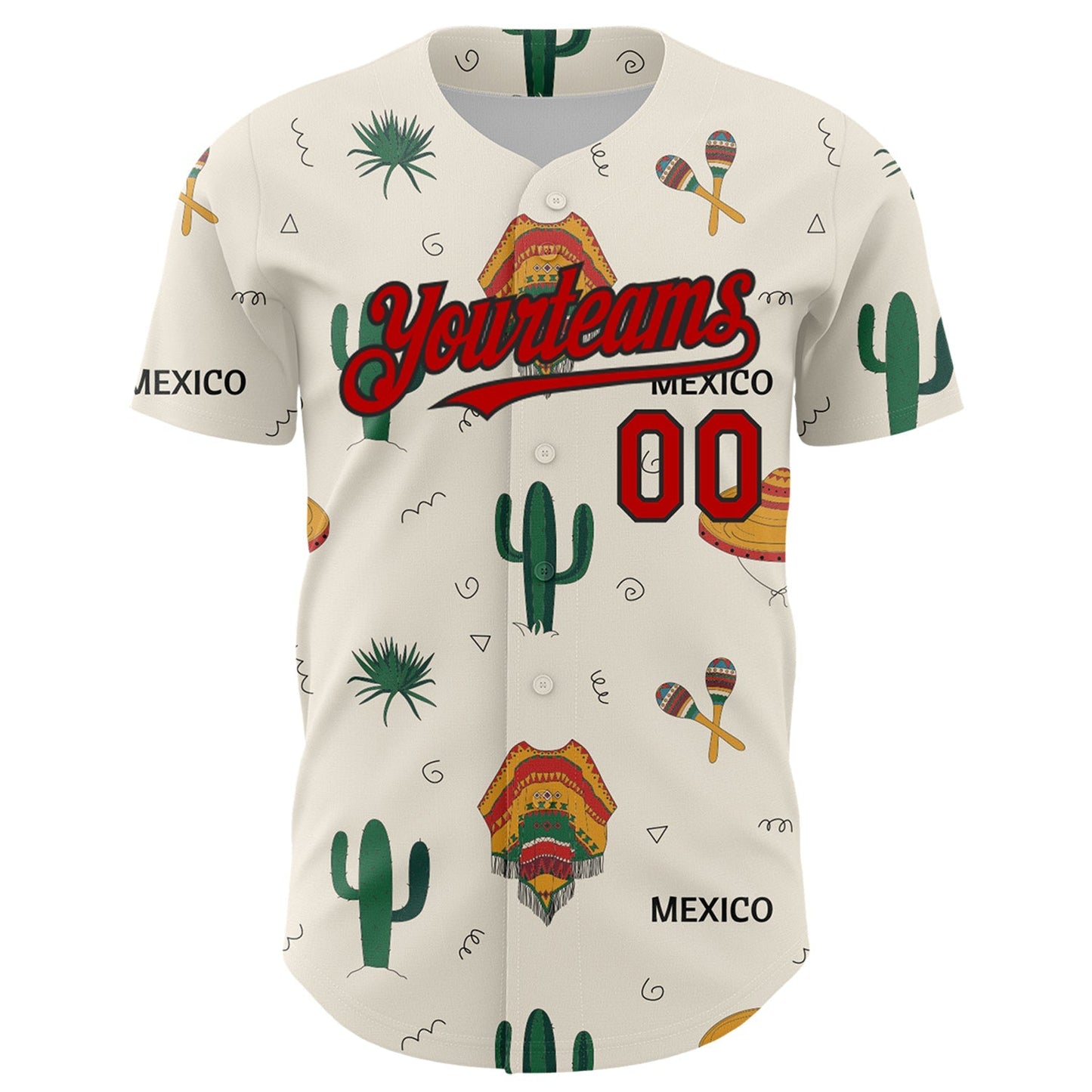 Custom Cream Red-Black 3D Mexican Festival Cactus And Sombrero Cinco de Mayo Authentic Baseball Jersey baseball jersey product view 2