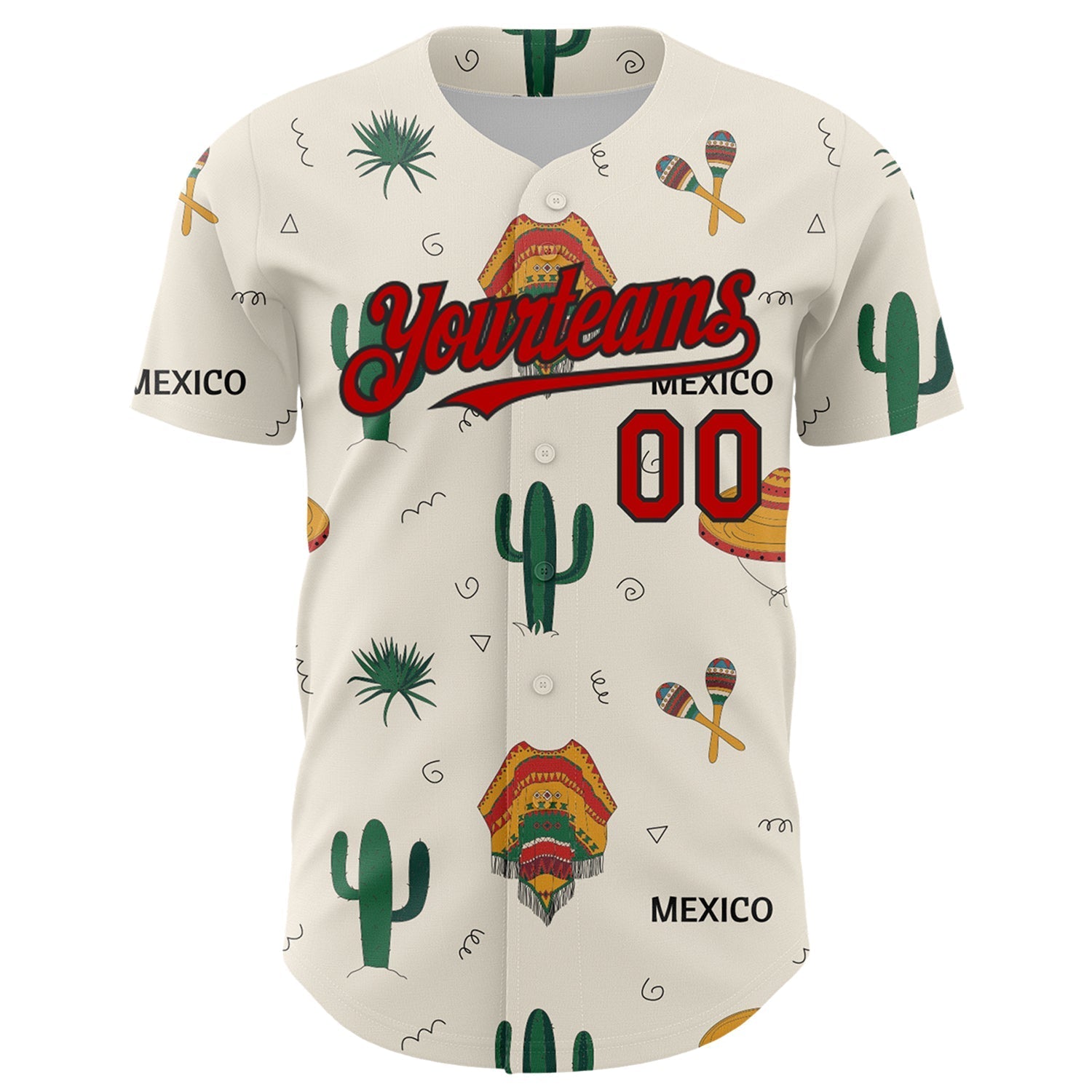 Custom Cream Red-Black 3D Mexican Festival Cactus And Sombrero Cinco de Mayo Authentic Baseball Jersey baseball jersey product view 2