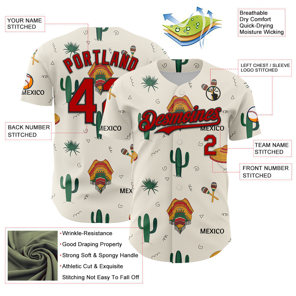 Custom Cream Red-Black 3D Mexican Festival Cactus And Sombrero Cinco de Mayo Authentic Baseball Jersey baseball jersey product view 3