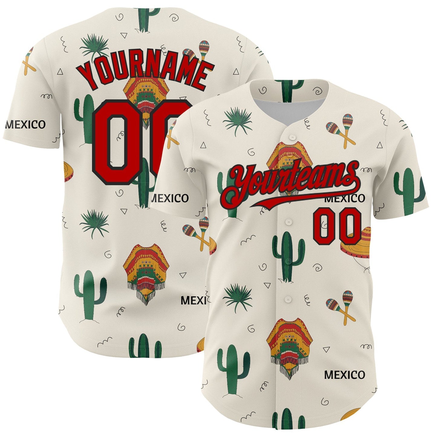 Custom Cream Red-Black 3D Mexican Festival Cactus And Sombrero Cinco de Mayo Authentic Baseball Jersey baseball jersey product view 1