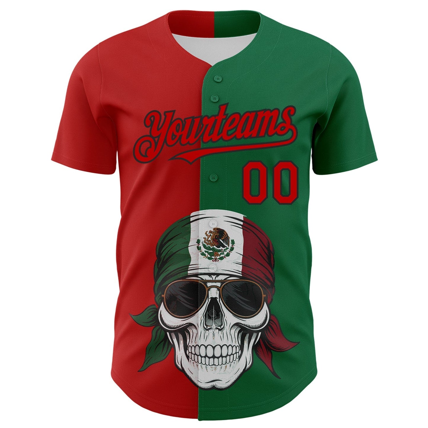Custom Green Red-Black 3D Mexican Flag Skull Authentic Baseball Jersey baseball jersey product view 2