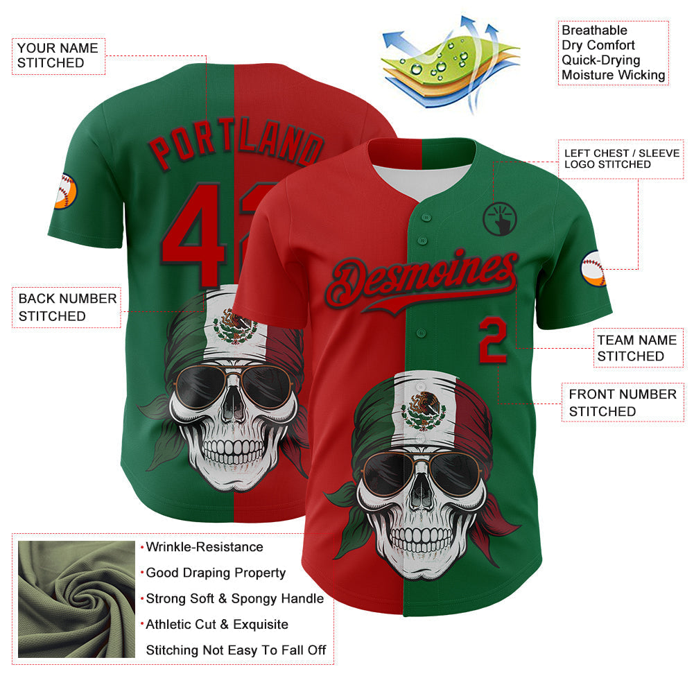 Custom Green Red-Black 3D Mexican Flag Skull Authentic Baseball Jersey baseball jersey product view 3