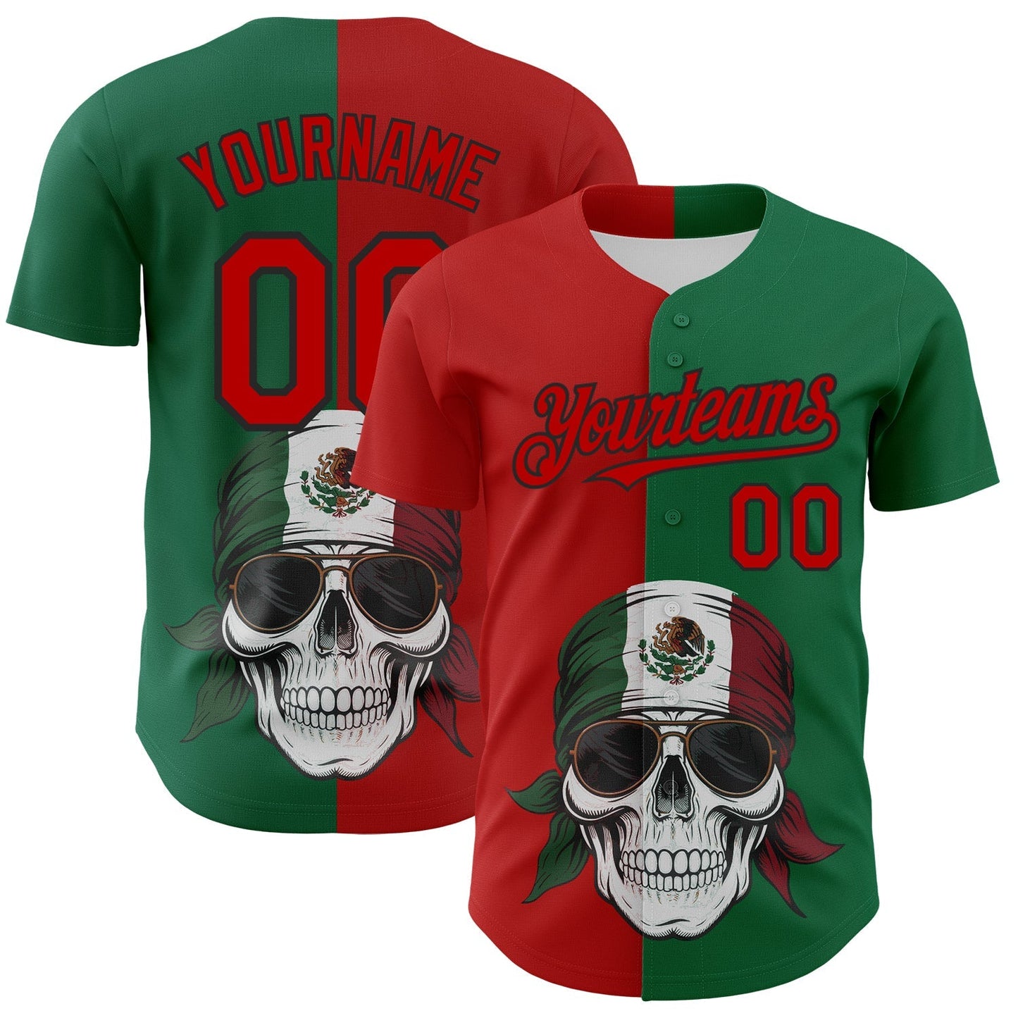 Custom Green Red-Black 3D Mexican Flag Skull Authentic Baseball Jersey baseball jersey product view 1