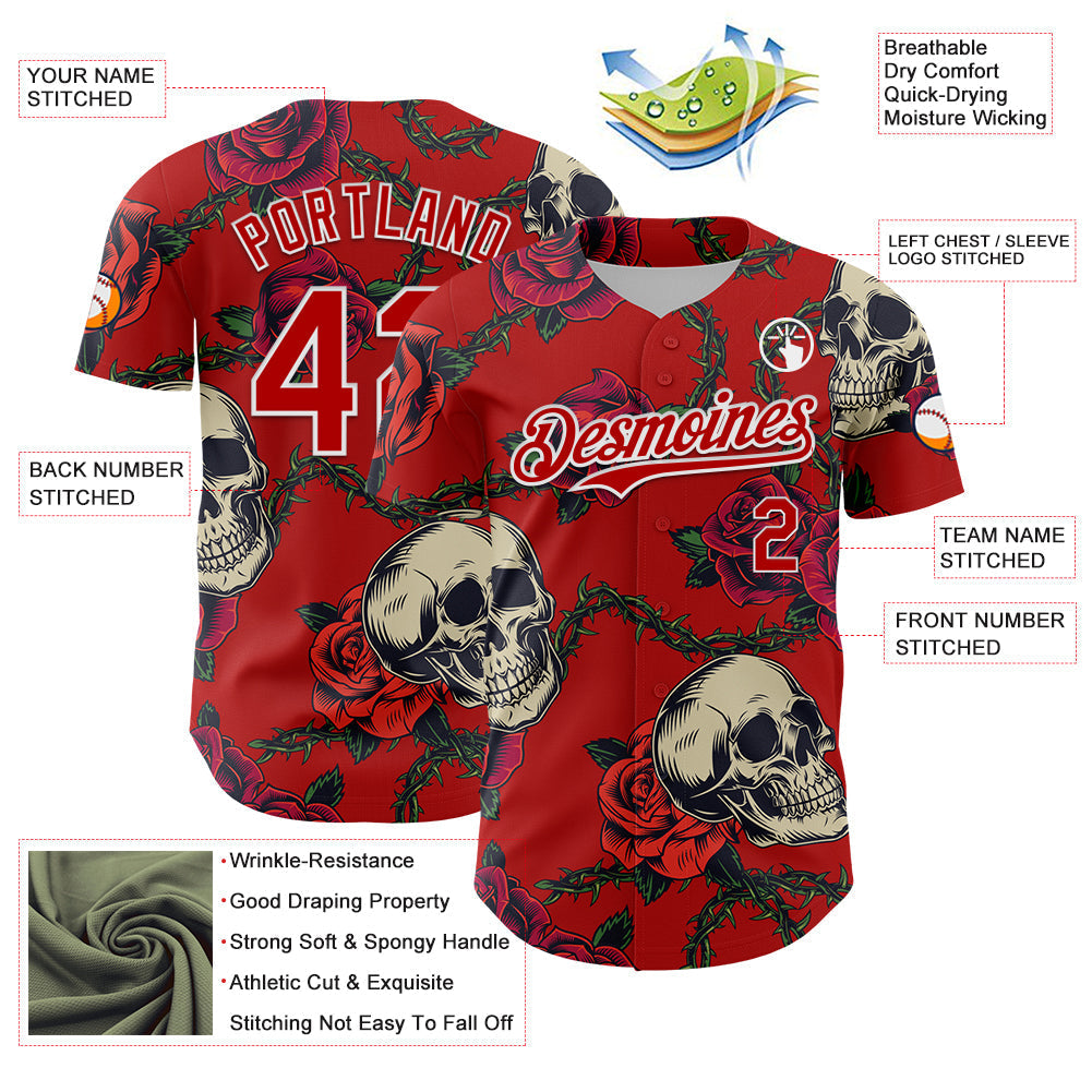 Custom Red White 3D Mexican Festival Skull And Flower Cinco de Mayo Authentic Baseball Jersey baseball jersey product view 3