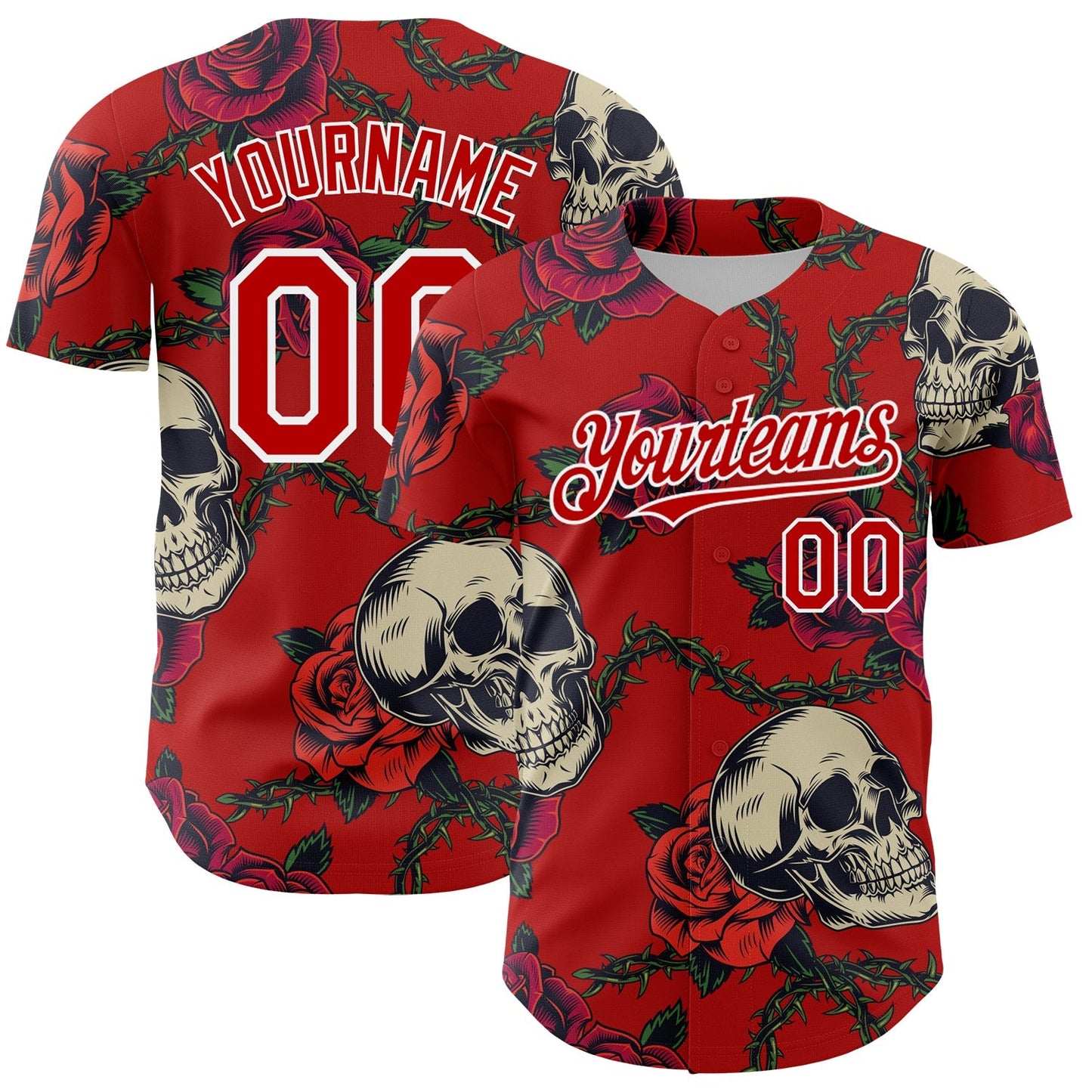 Custom Red White 3D Mexican Festival Skull And Flower Cinco de Mayo Authentic Baseball Jersey baseball jersey product view 1