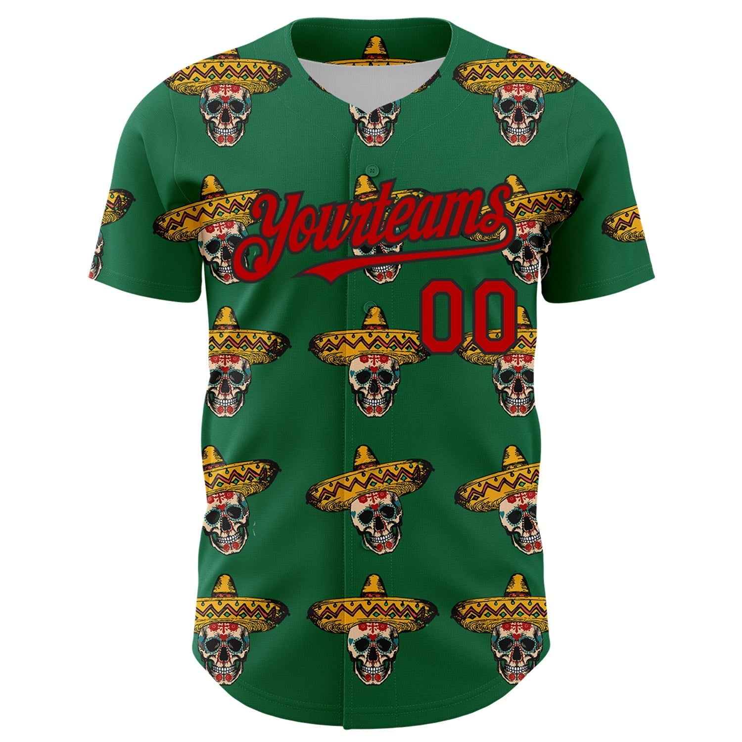 Custom Kelly Green Red-Black 3D Mexican Festival Skull With Sombrero Cinco de Mayo Authentic Baseball Jersey baseball jersey product view 2