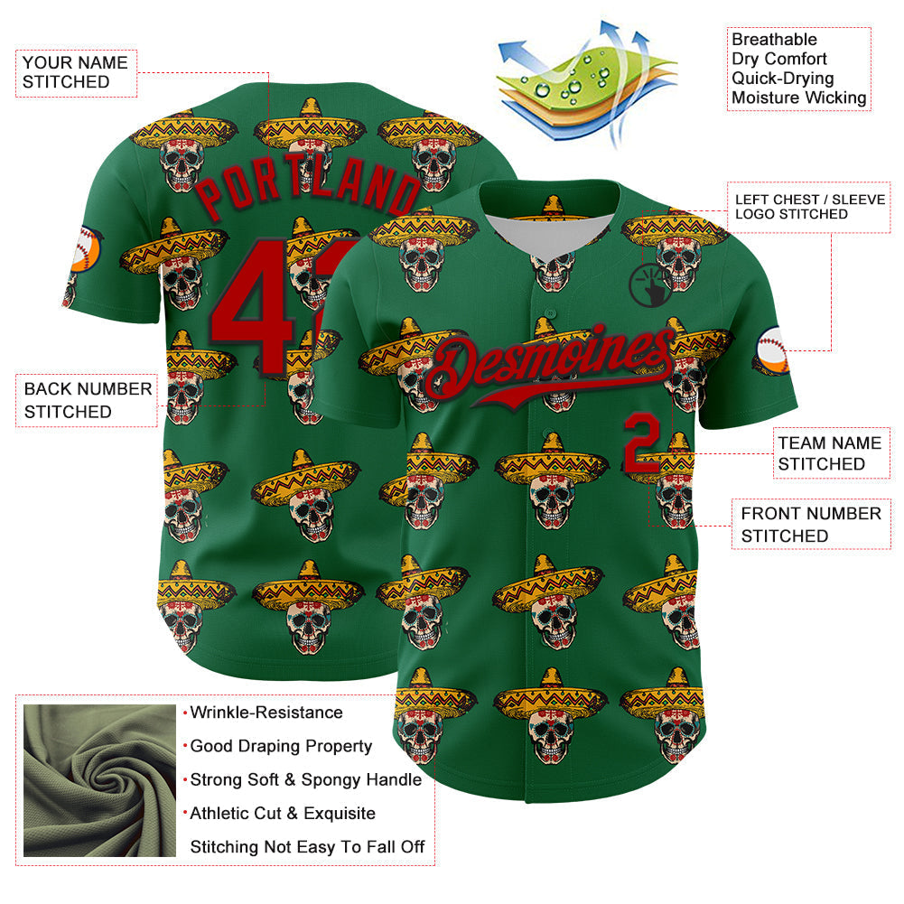 Custom Kelly Green Red-Black 3D Mexican Festival Skull With Sombrero Cinco de Mayo Authentic Baseball Jersey baseball jersey product view 3