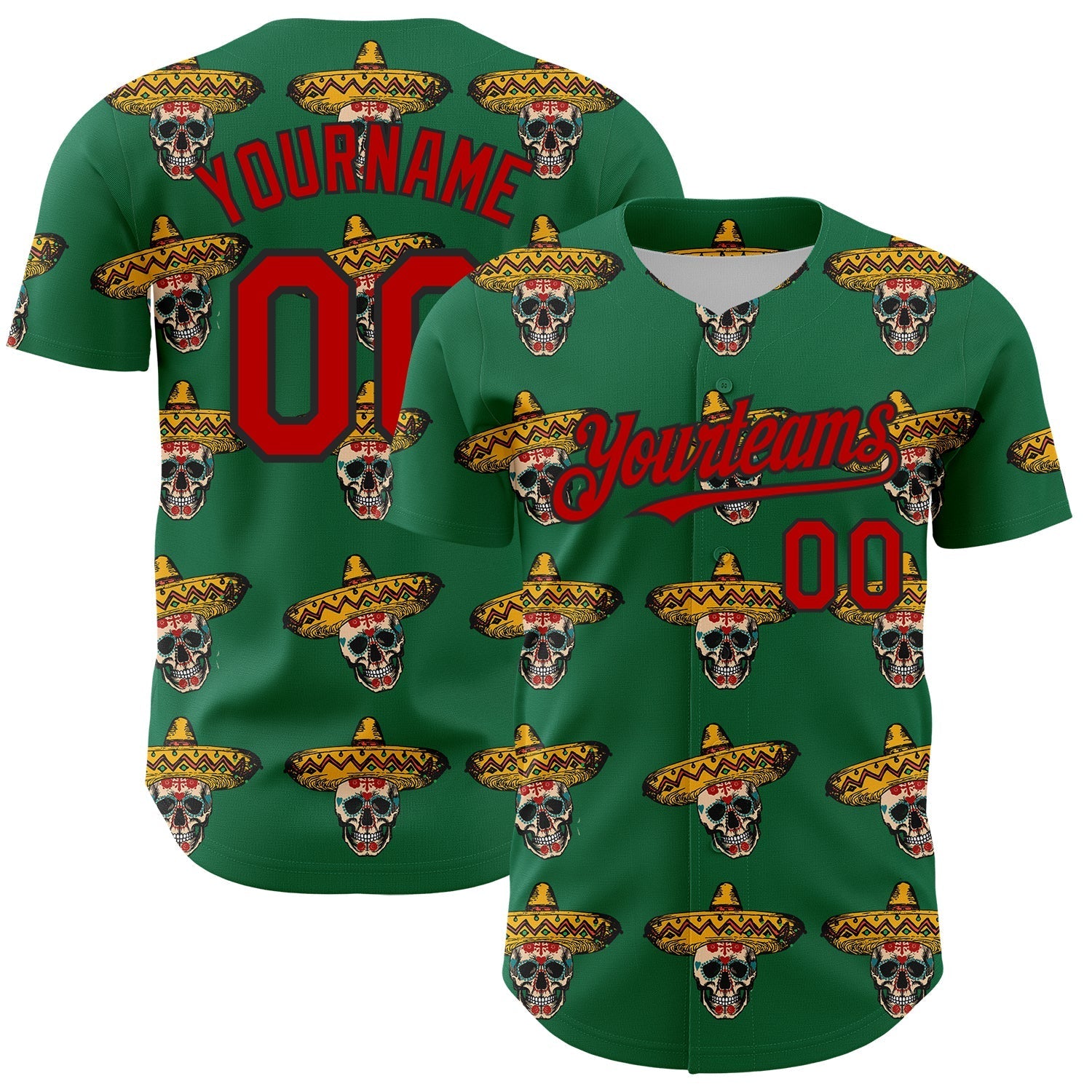 Custom Kelly Green Red-Black 3D Mexican Festival Skull With Sombrero Cinco de Mayo Authentic Baseball Jersey baseball jersey product view 1