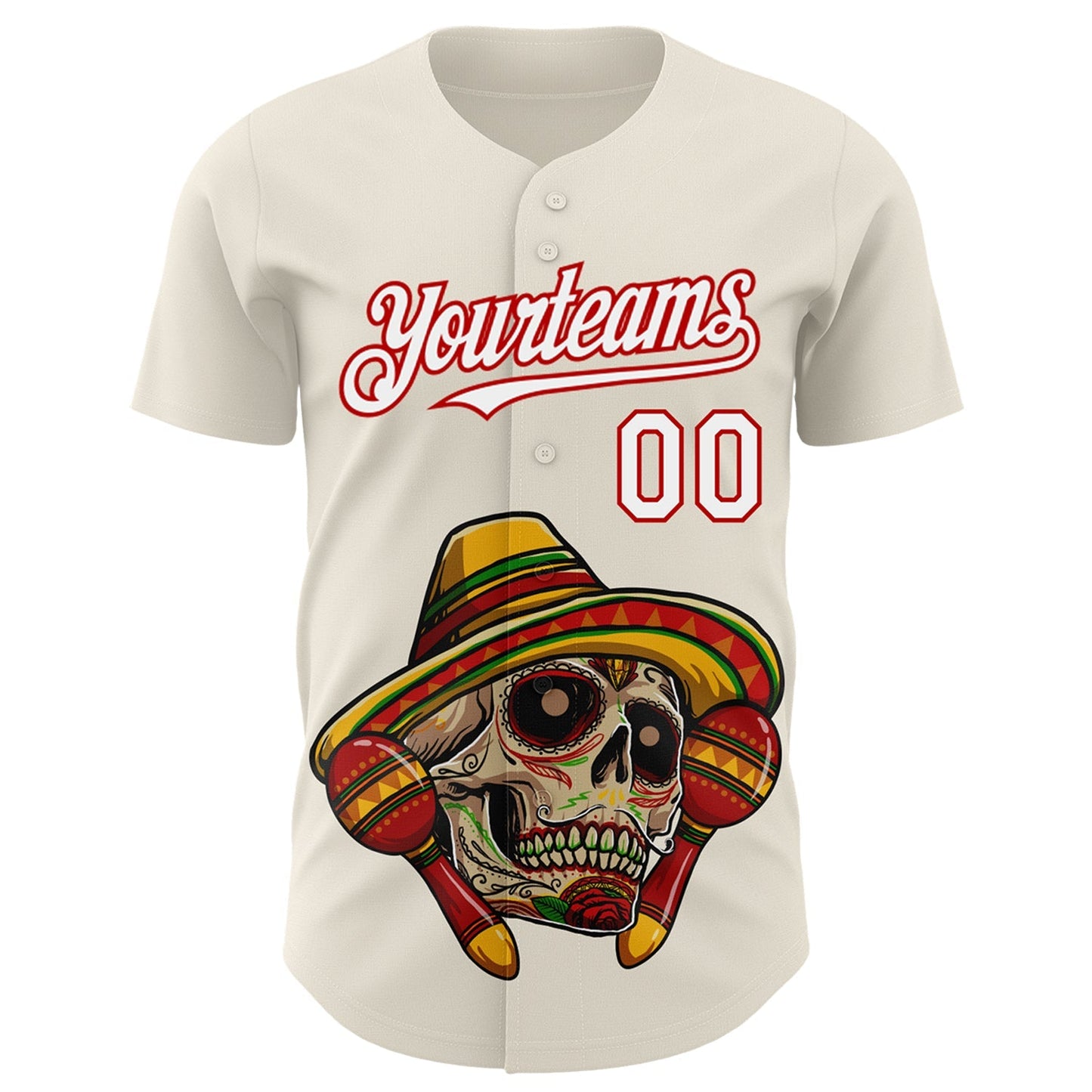Custom Cream White-Red 3D Mexican Festival Skull With Sombrero Cinco de Mayo Authentic Baseball Jersey baseball jersey product view 2