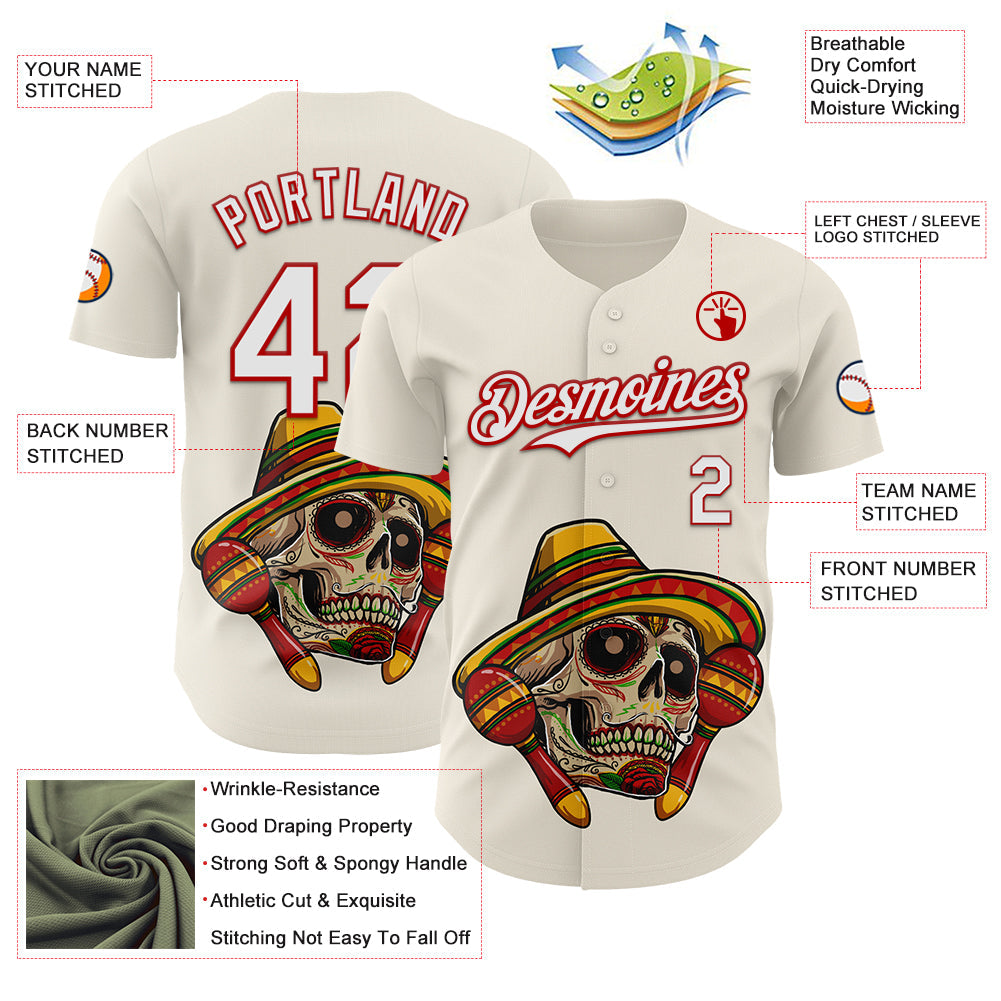 Custom Cream White-Red 3D Mexican Festival Skull With Sombrero Cinco de Mayo Authentic Baseball Jersey baseball jersey product view 3