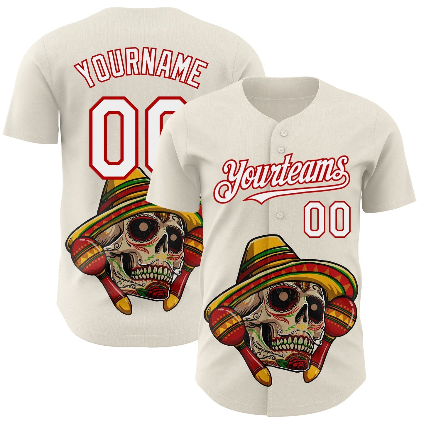 Custom Cream White-Red 3D Mexican Festival Skull With Sombrero Cinco de Mayo Authentic Baseball Jersey baseball jersey product view 1