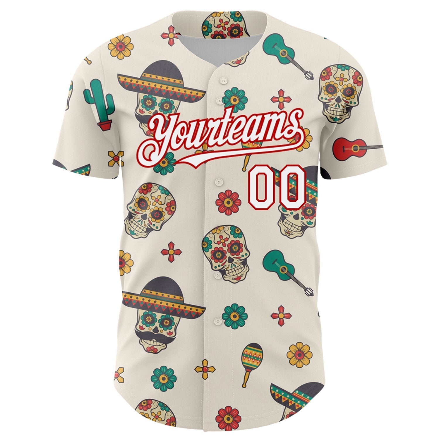 Custom Cream White-Red 3D Mexican Festival Cactus Skull With Sombrero Cinco de Mayo Authentic Baseball Jersey baseball jersey product view 2