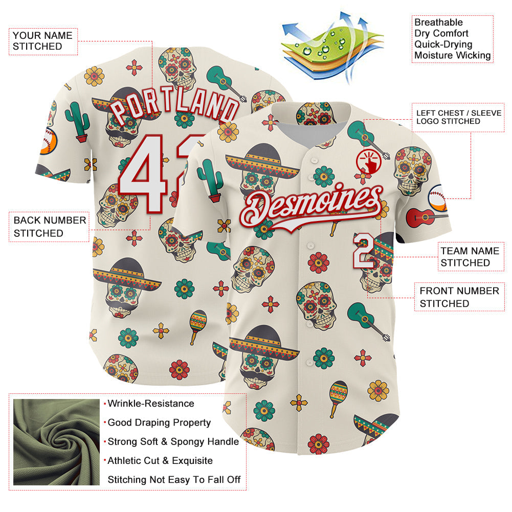Custom Cream White-Red 3D Mexican Festival Cactus Skull With Sombrero Cinco de Mayo Authentic Baseball Jersey baseball jersey product view 3