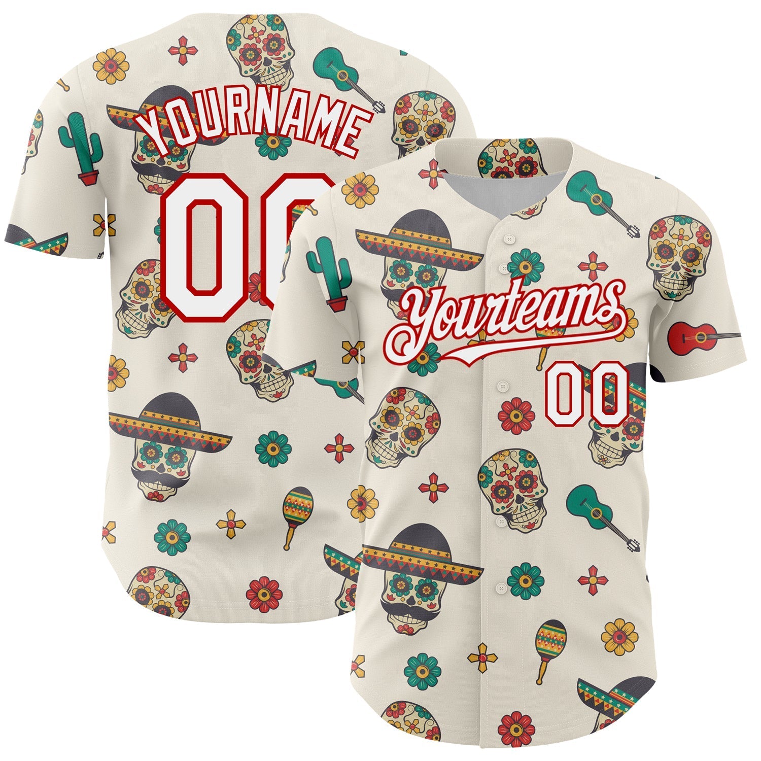 Custom Cream White-Red 3D Mexican Festival Cactus Skull With Sombrero Cinco de Mayo Authentic Baseball Jersey baseball jersey product view 1