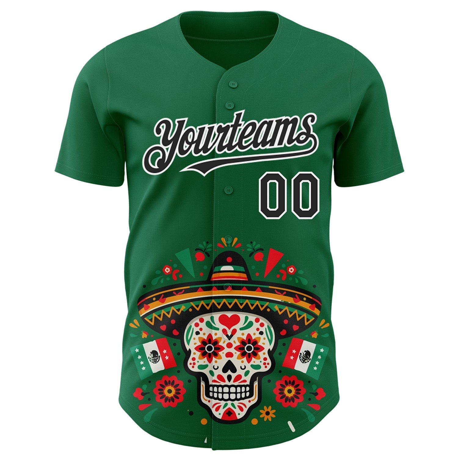 Custom Kelly Green Black-White 3D Mexican Festival Flag Skull With Sombrero Cinco de Mayo Authentic Baseball Jersey baseball jersey product view 2