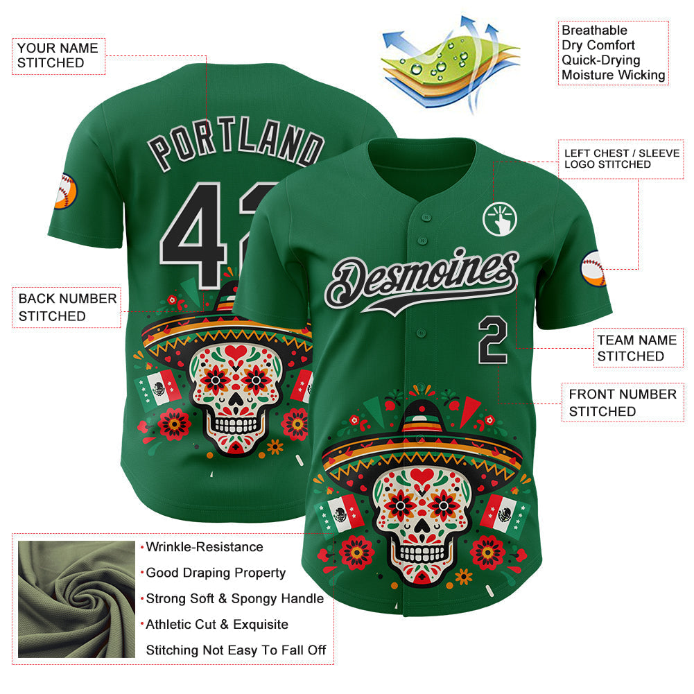 Custom Kelly Green Black-White 3D Mexican Festival Flag Skull With Sombrero Cinco de Mayo Authentic Baseball Jersey baseball jersey product view 3