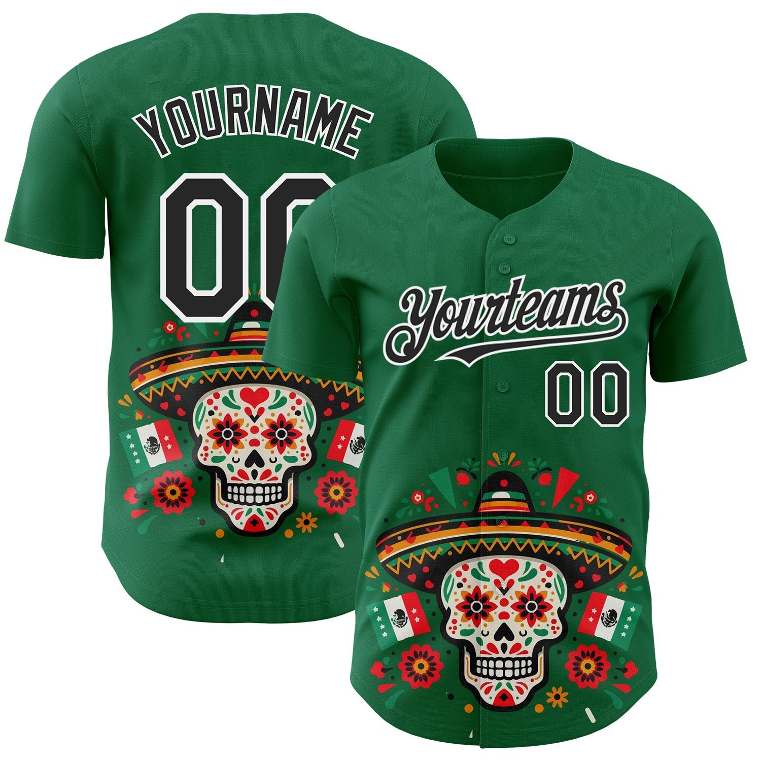 Custom Kelly Green Black-White 3D Mexican Festival Flag Skull With Sombrero Cinco de Mayo Authentic Baseball Jersey baseball jersey product view 1