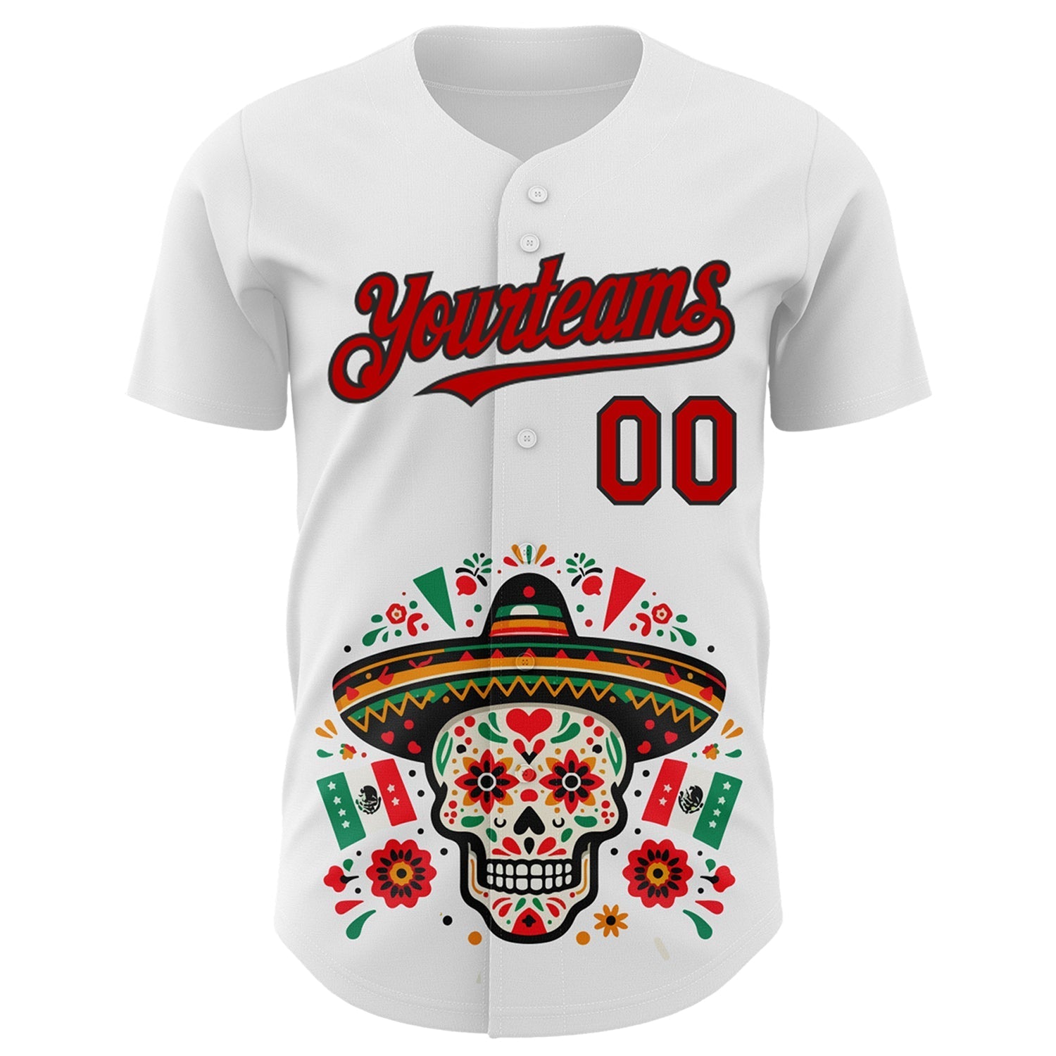 Custom White Red-Black 3D Mexican Festival Flag Skull With Sombrero Cinco de Mayo Authentic Baseball Jersey baseball jersey product view 2